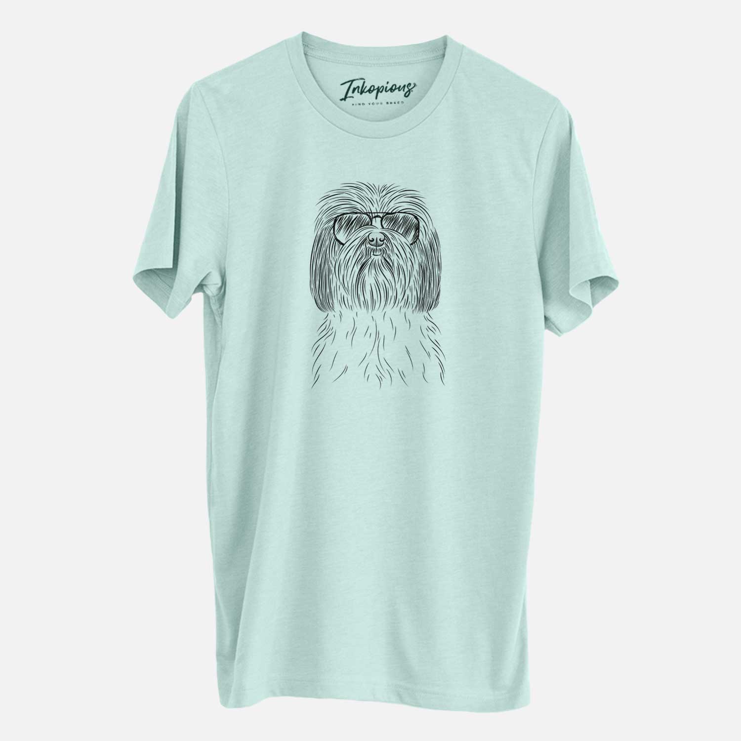 Hand-drawn sketch of Scully the Shih Tzu wearing aviator sunglasses on a Heather Sage Unisex crewneck