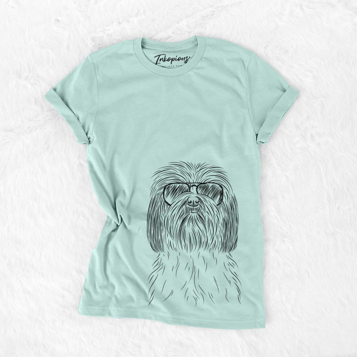 Hand-drawn sketch of Scully the Shih Tzu wearing aviator sunglasses on a Heather Sage Unisex crewneck