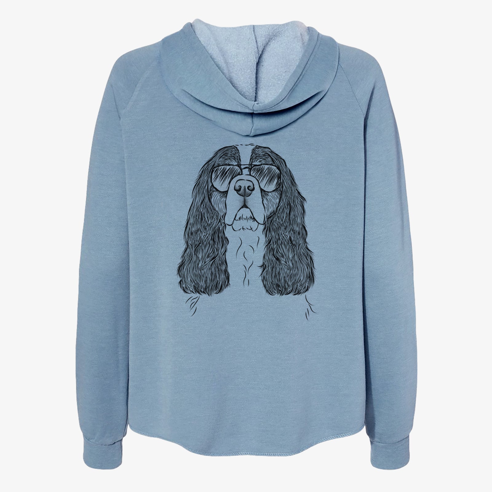 Hand-drawn sketch of Sebastian the Cavalier King Charles Spaniel wearing aviator sunglasses on a Misty Blue Women's cali wave zip-up sweatshirt