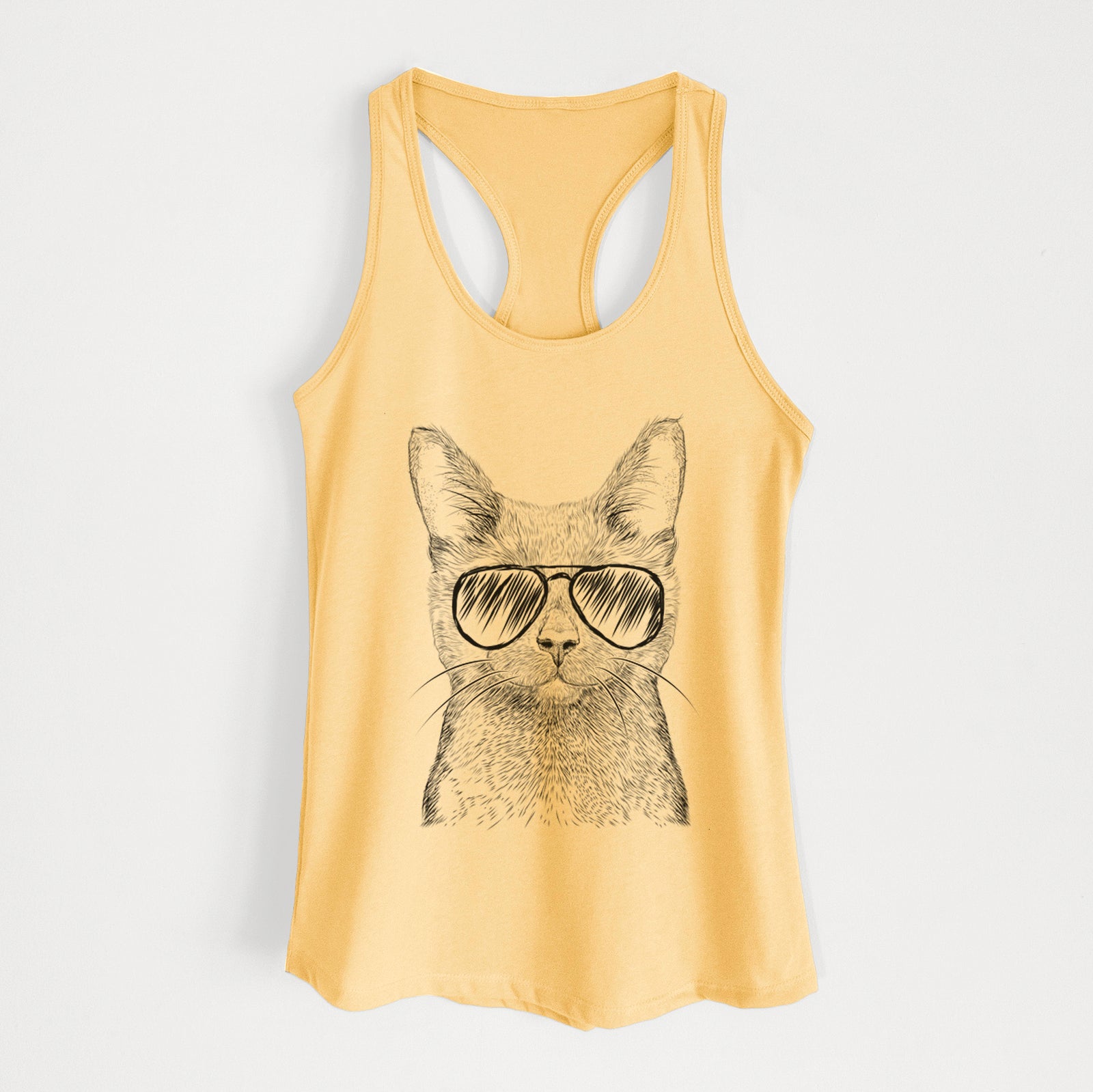 Hand-drawn sketch of Shadow the Black Cat wearing aviator sunglasses on a Banana Cream Women's racerback tanktop
