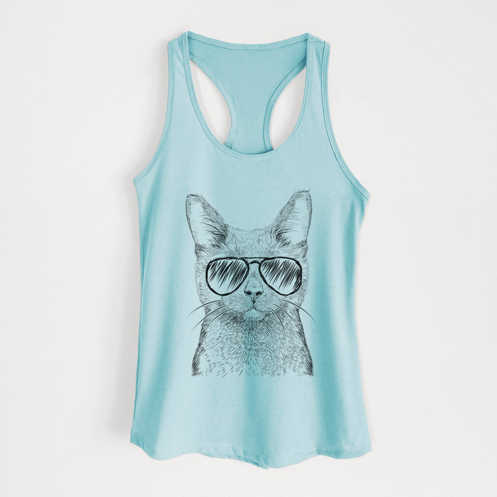 Hand-drawn sketch of Shadow the Black Cat wearing aviator sunglasses on a Cancun Blue Women's racerback tanktop
