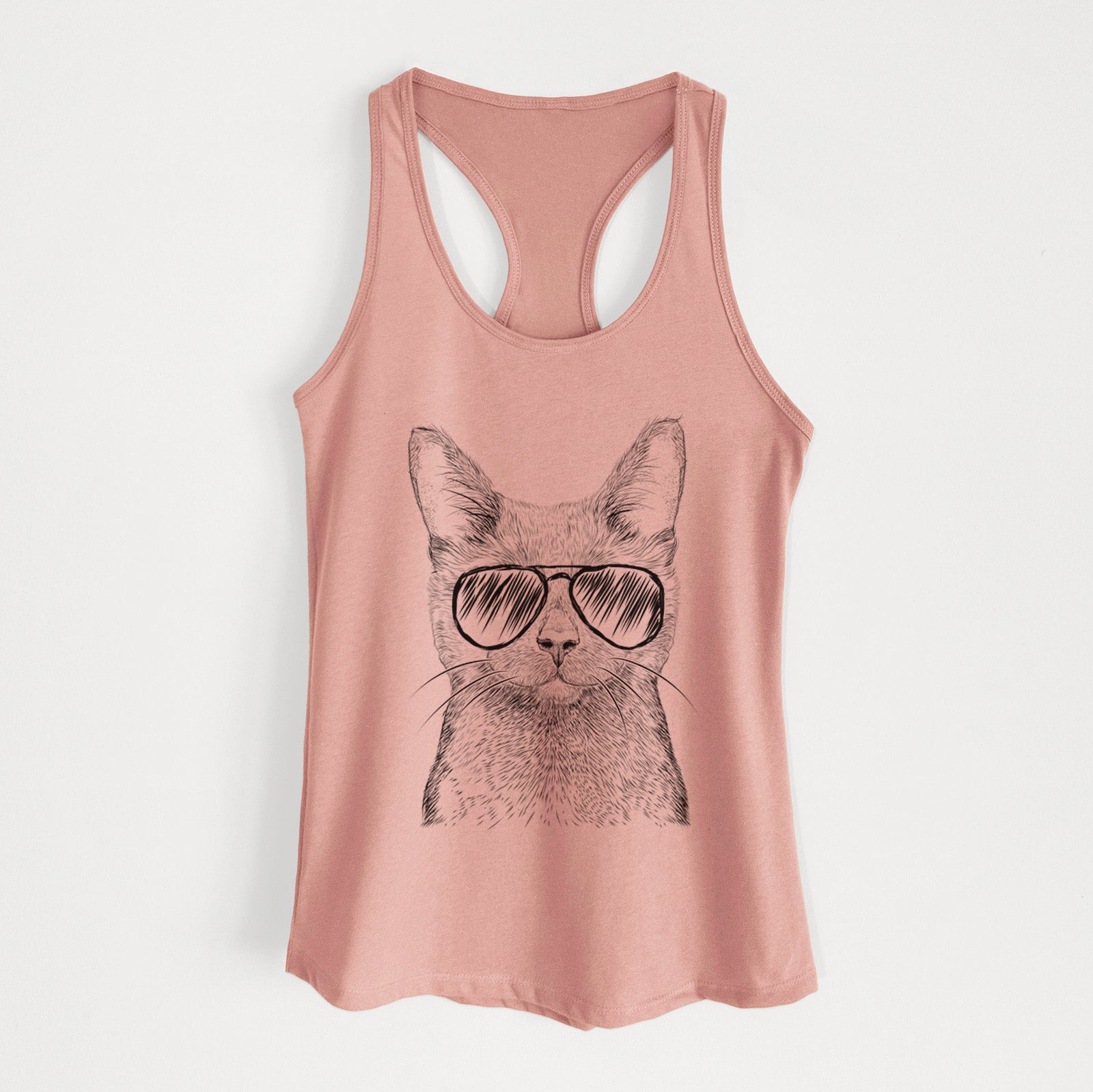 Hand-drawn sketch of Shadow the Black Cat wearing aviator sunglasses on a Desert Pink Women's racerback tanktop