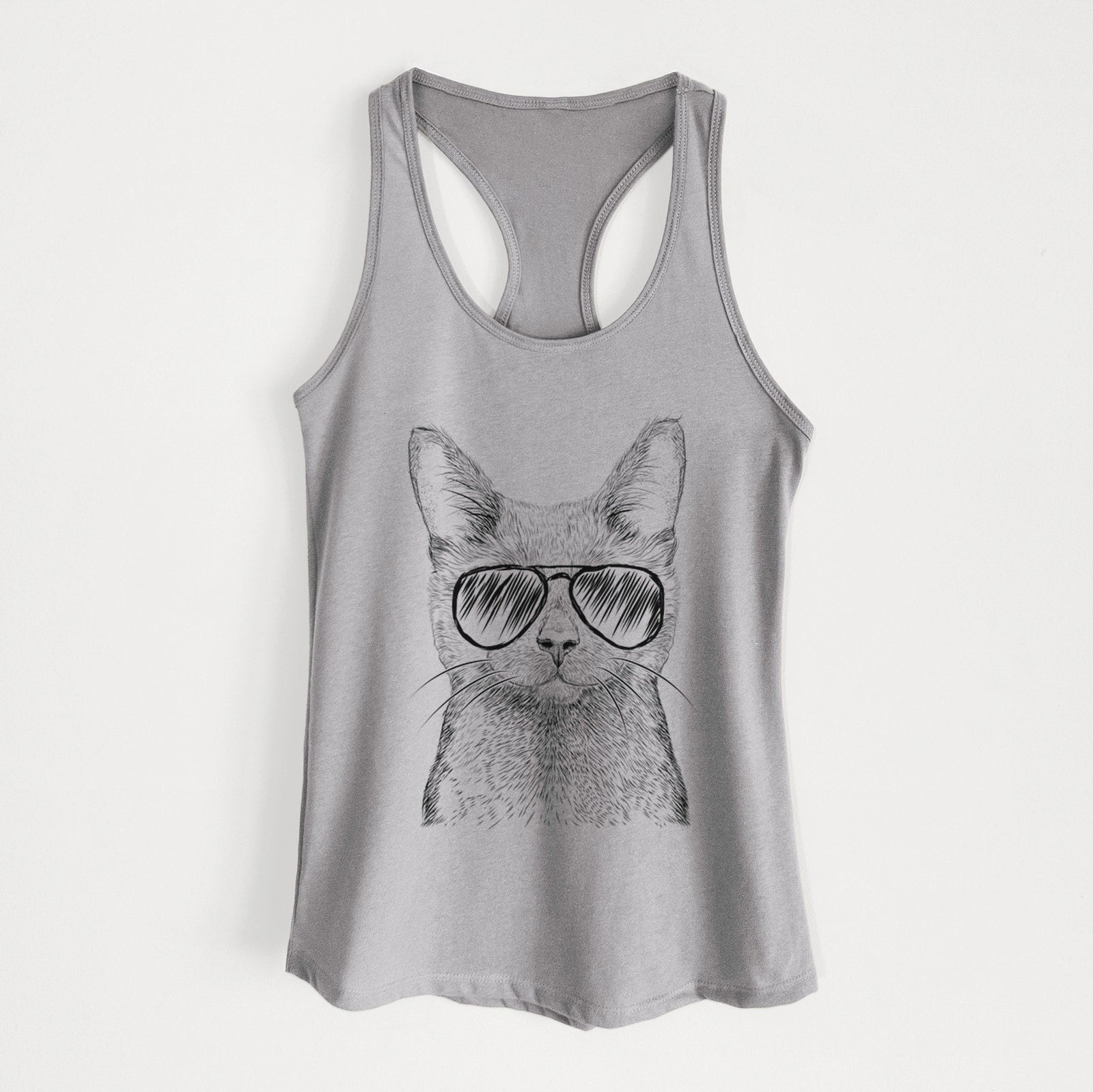 Hand-drawn sketch of Shadow the Black Cat wearing aviator sunglasses on a Heather Grey Women's racerback tanktop