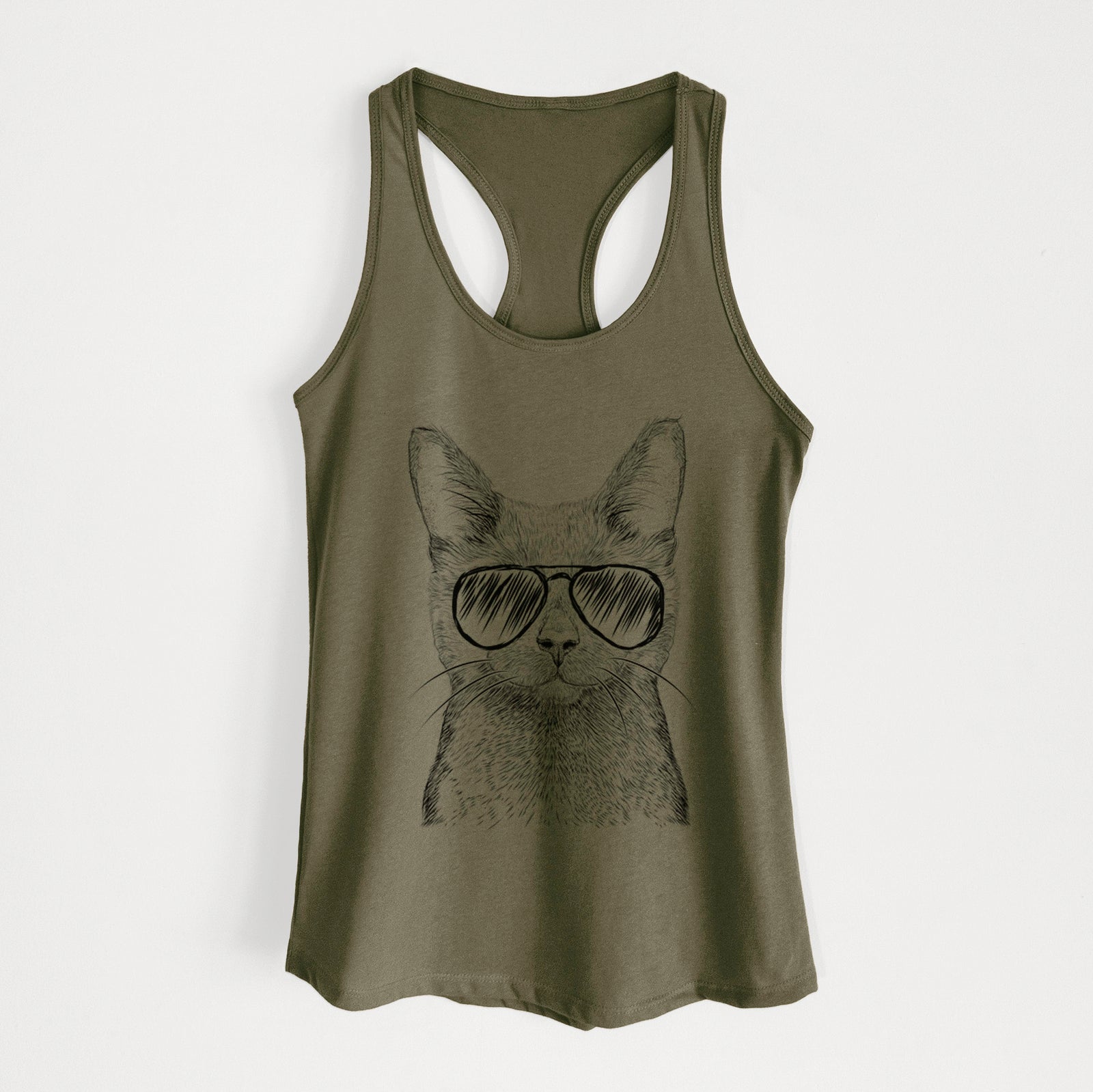 Hand-drawn sketch of Shadow the Black Cat wearing aviator sunglasses on a Military Green Women's racerback tanktop