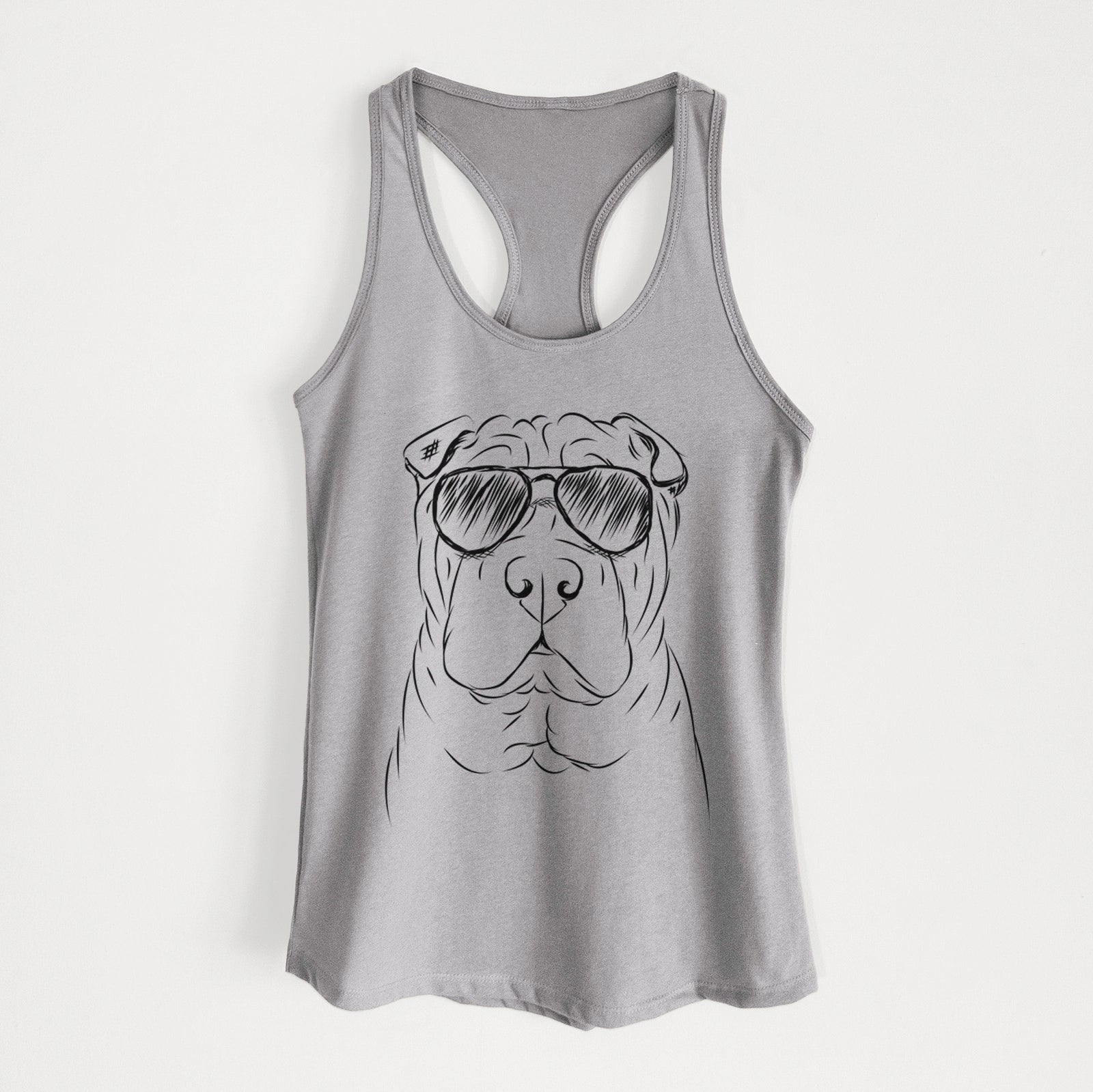 Hand-drawn sketch of Sharpy the Shar Pei wearing aviator sunglasses on a Heather Grey Women's racerback tanktop
