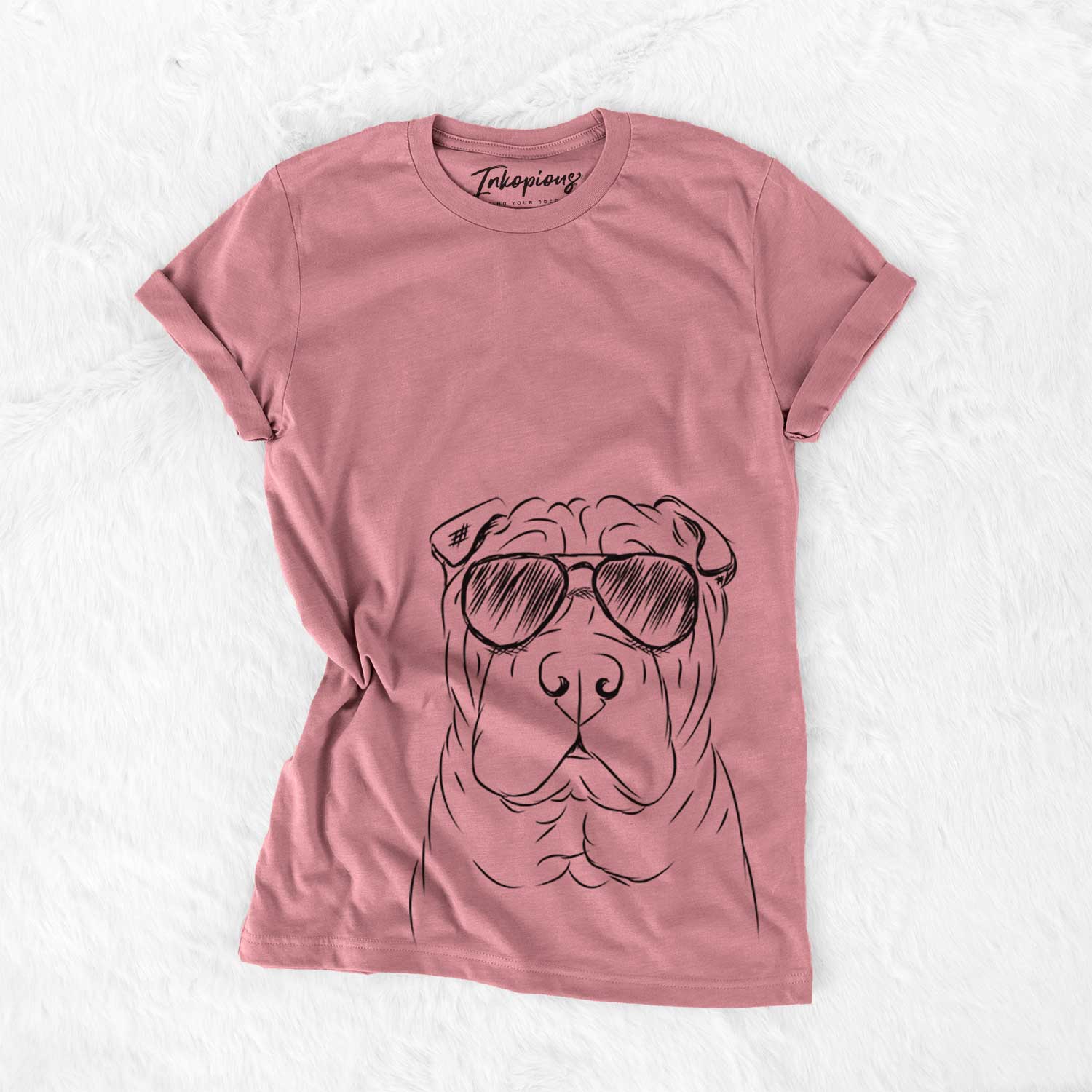 Hand-drawn sketch of Sharpy the Shar Pei wearing aviator sunglasses on a Mauve Bella Canvas Unisex Crewneck