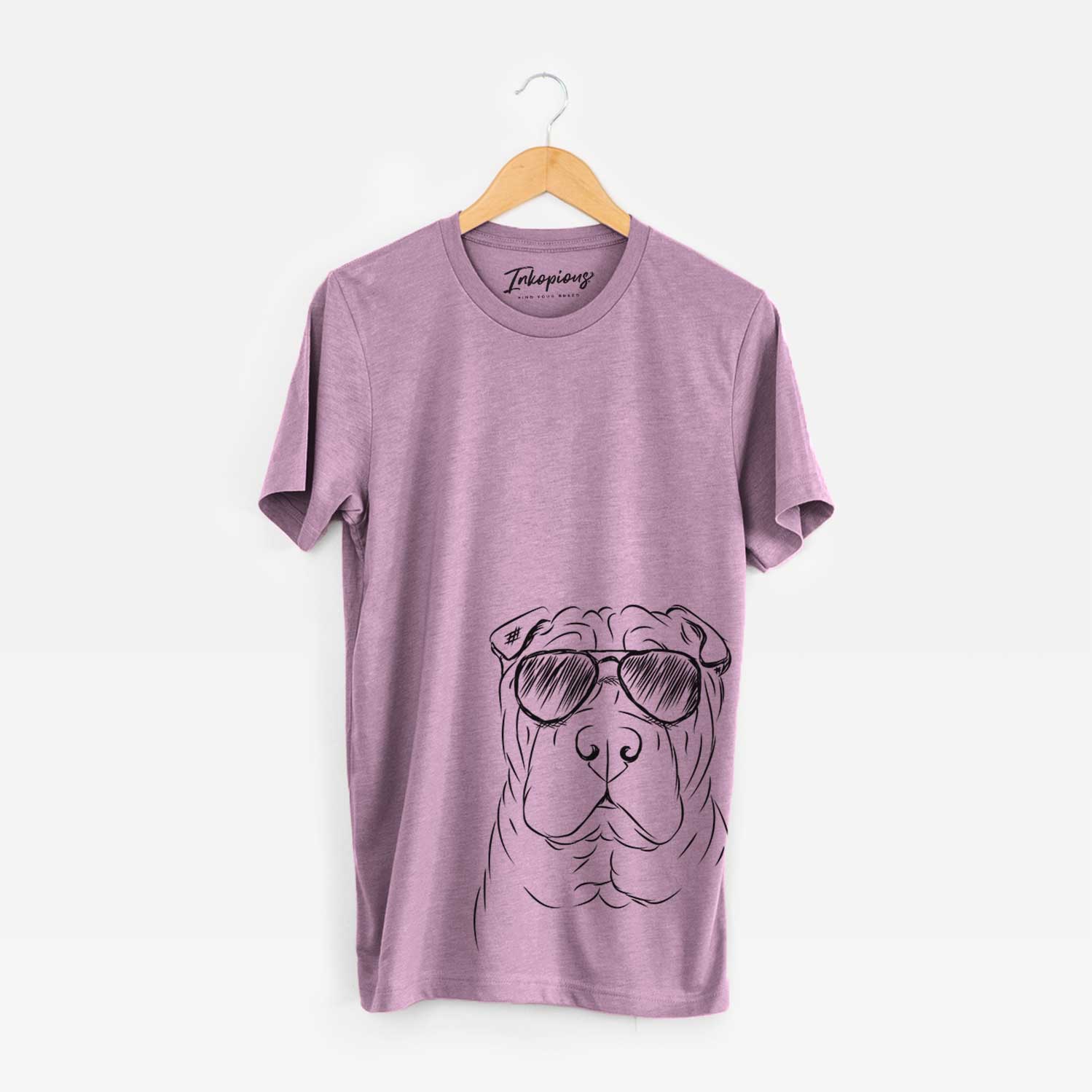 Hand-drawn sketch of Sharpy the Shar Pei wearing aviator sunglasses on an Orchid Bella Canvas Unisex Crewneck