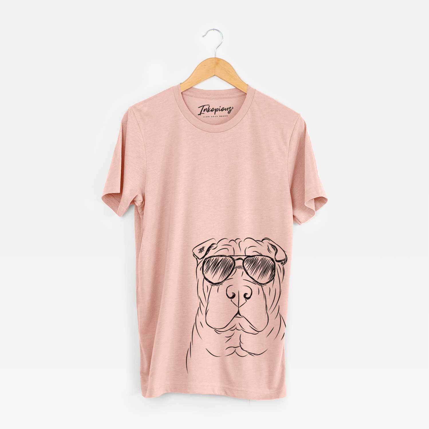 Hand-drawn sketch of Sharpy the Shar Pei wearing aviator sunglasses on a Peach Bella Canvas Unisex Crewneck