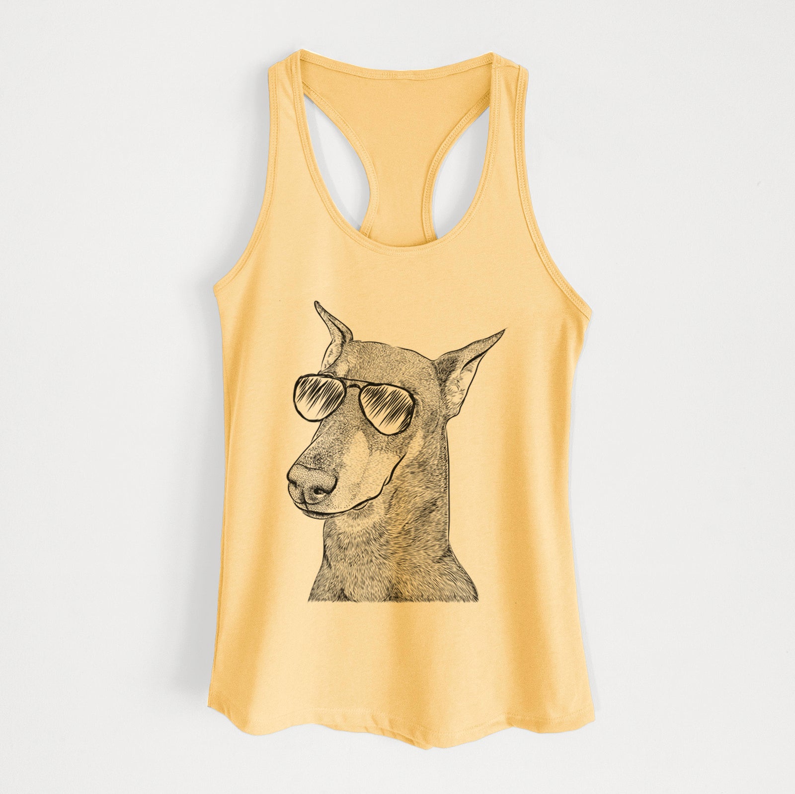 Hand-drawn sketch of Shelby the Doberman Pinscher wearing aviator sunglasses on a Banana Cream Women's racerback tanktop
