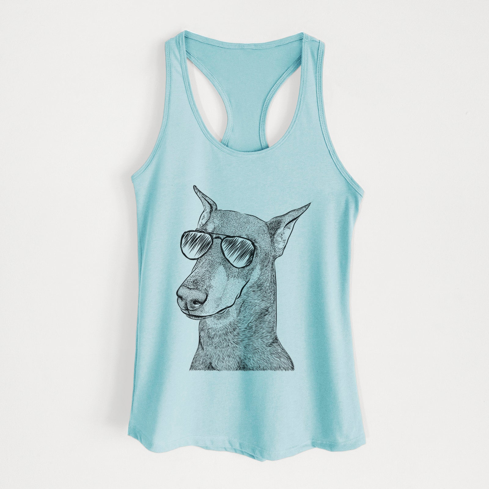 Hand-drawn sketch of Shelby the Doberman Pinscher wearing aviator sunglasses on a Cancun Blue Women's racerback tanktop