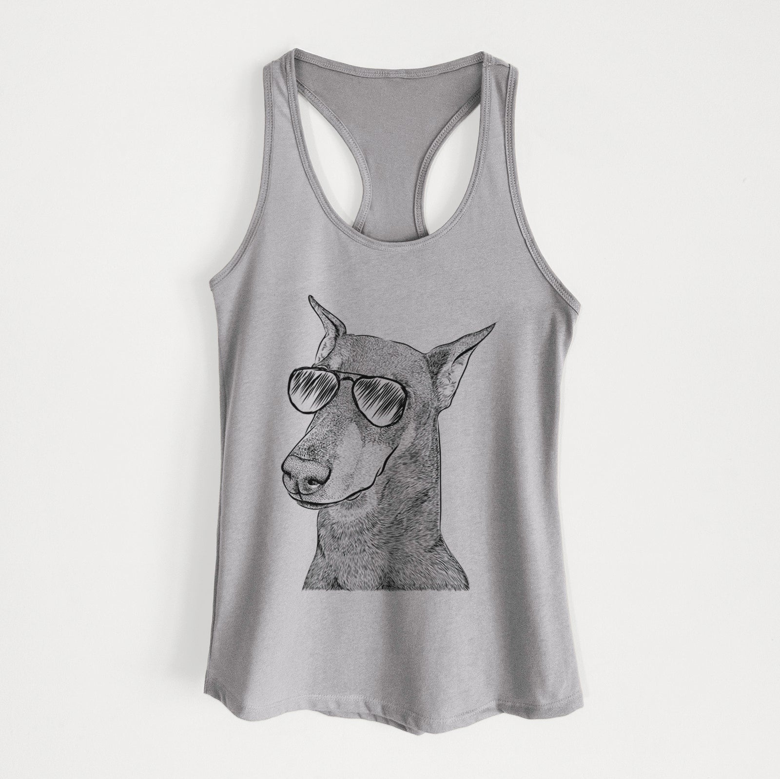 Hand-drawn sketch of Shelby the Doberman Pinscher wearing aviator sunglasses on a Heather Grey Women's racerback tanktop