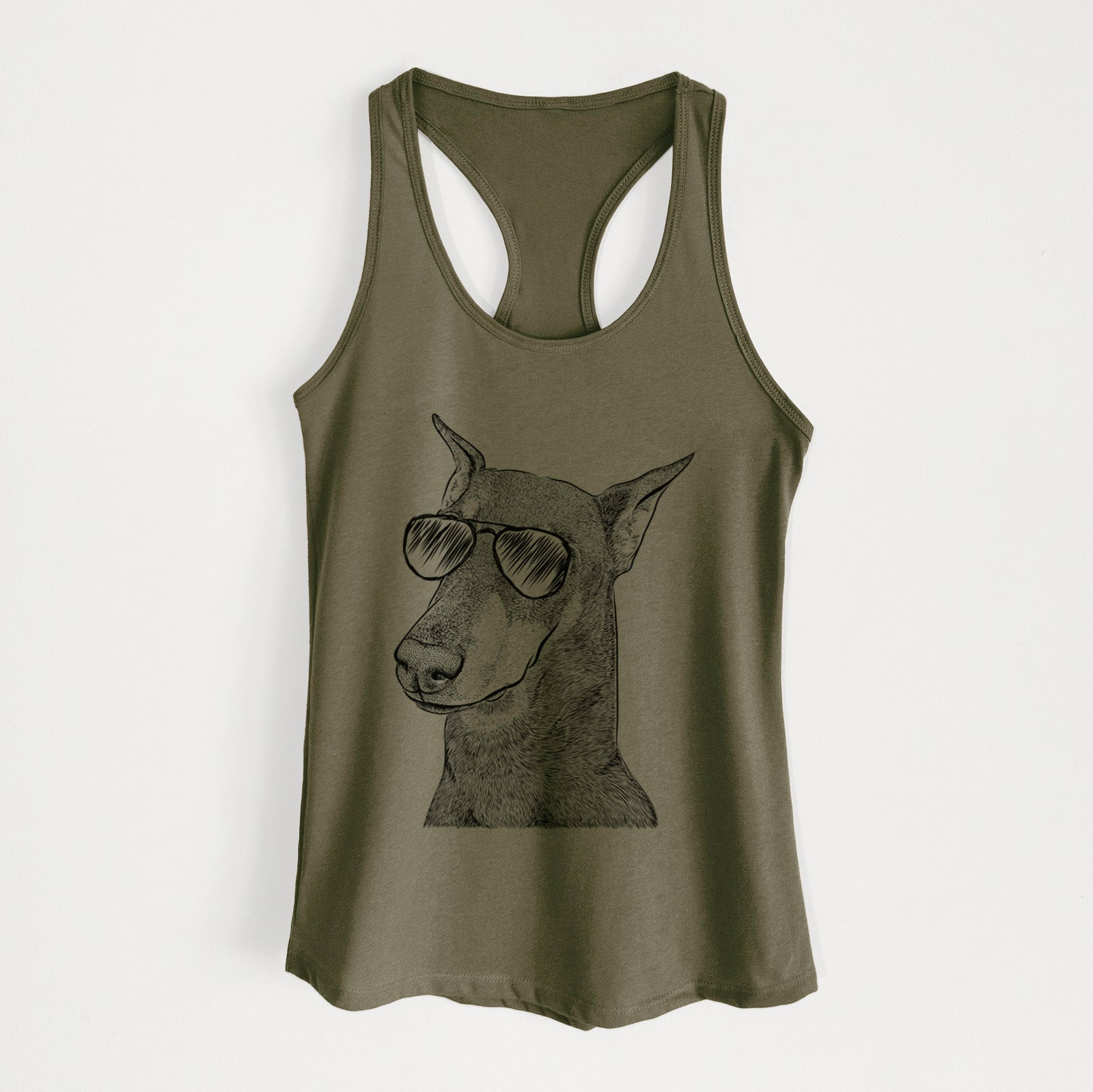 Hand-drawn sketch of Shelby the Doberman Pinscher wearing aviator sunglasses on a Military Green Women's racerback tanktop