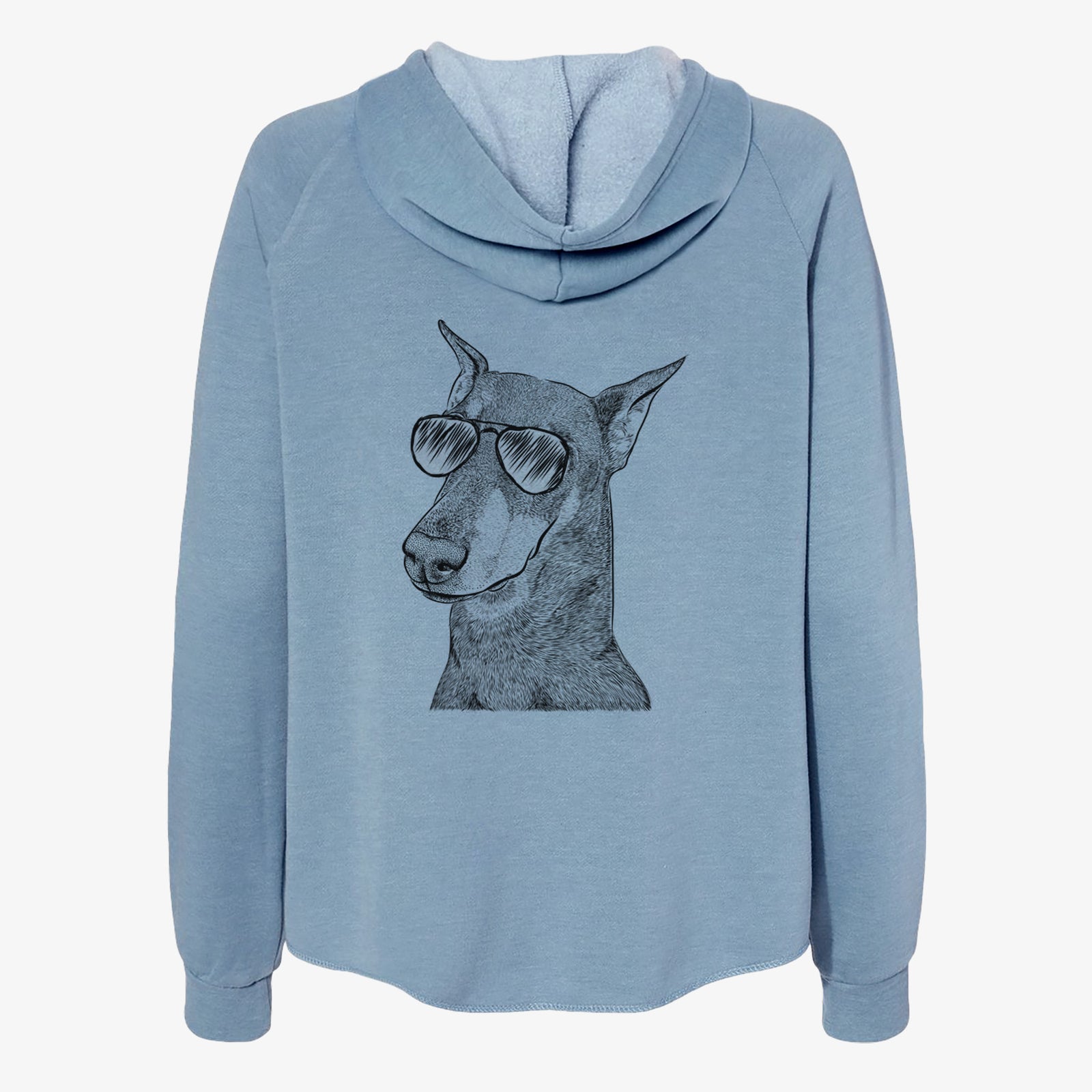 Hand-drawn sketch of Shelby the Doberman Pinscher wearing aviator sunglasses on a Misty Blue Women's cali wave zip-up sweatshirt