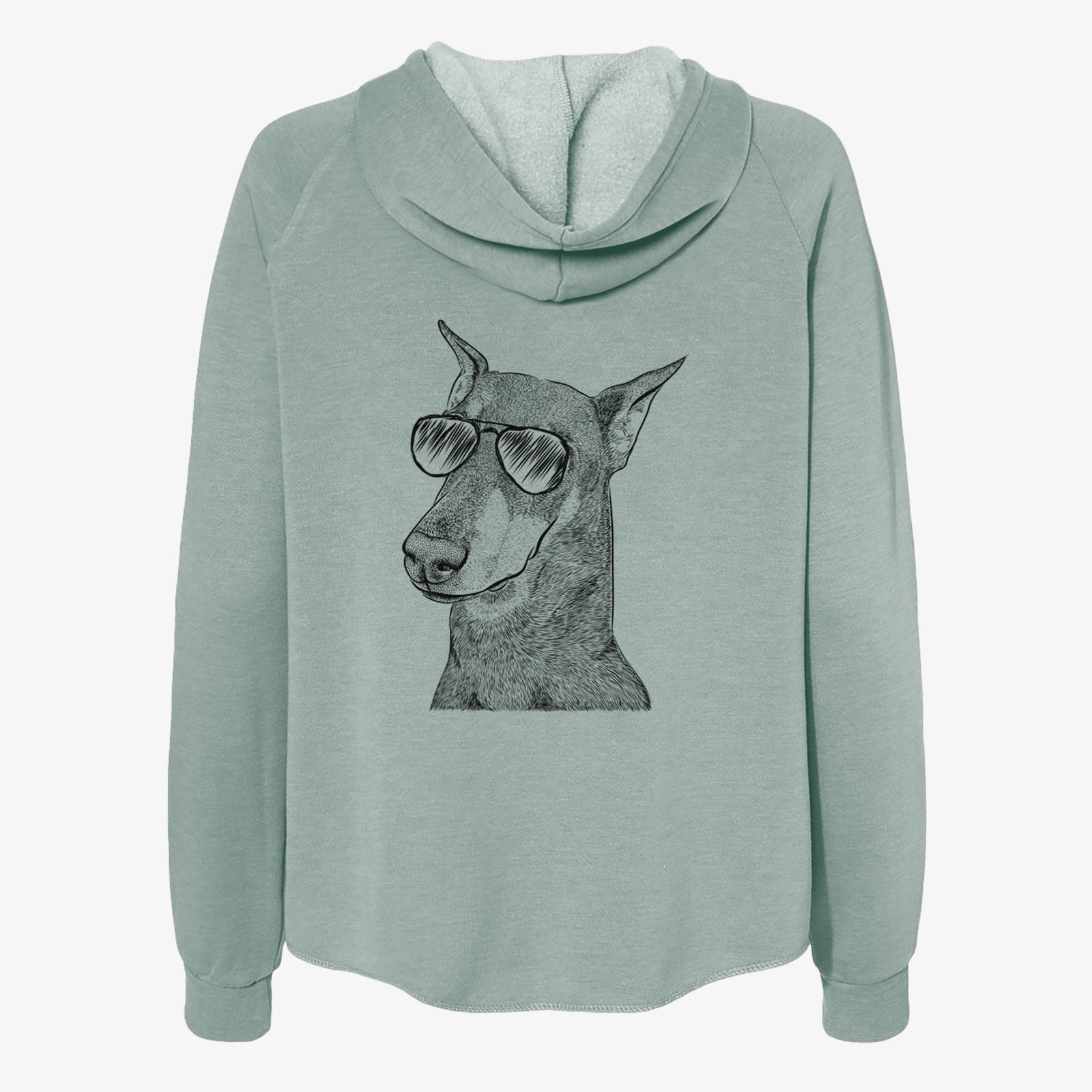 Hand-drawn sketch of Shelby the Doberman Pinscher wearing aviator sunglasses on a Sage Women's cali wave zip-up sweatshirt