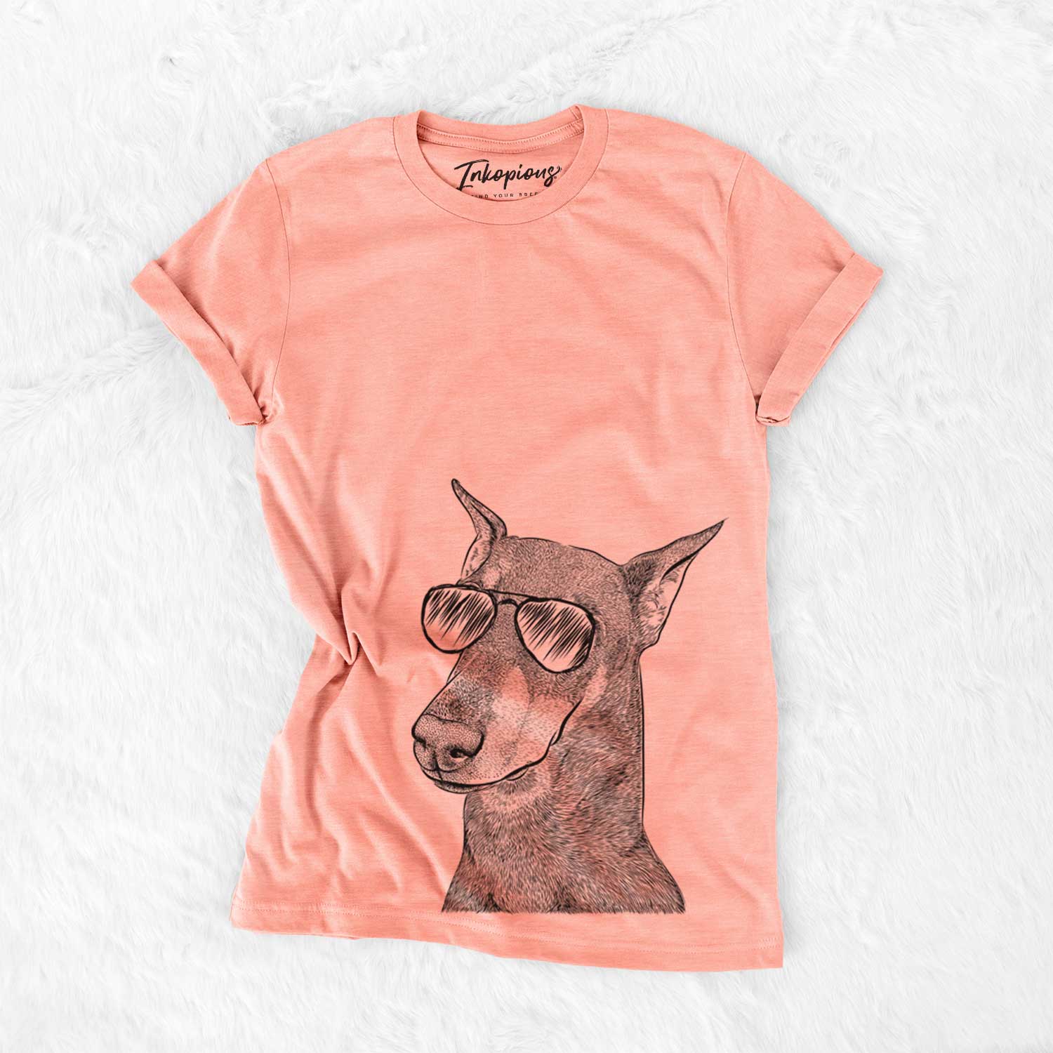 Hand-drawn sketch of Shelby the Doberman Pinscher wearing aviator sunglasses on a Sunset Bella Canvas Unisex Crewneck