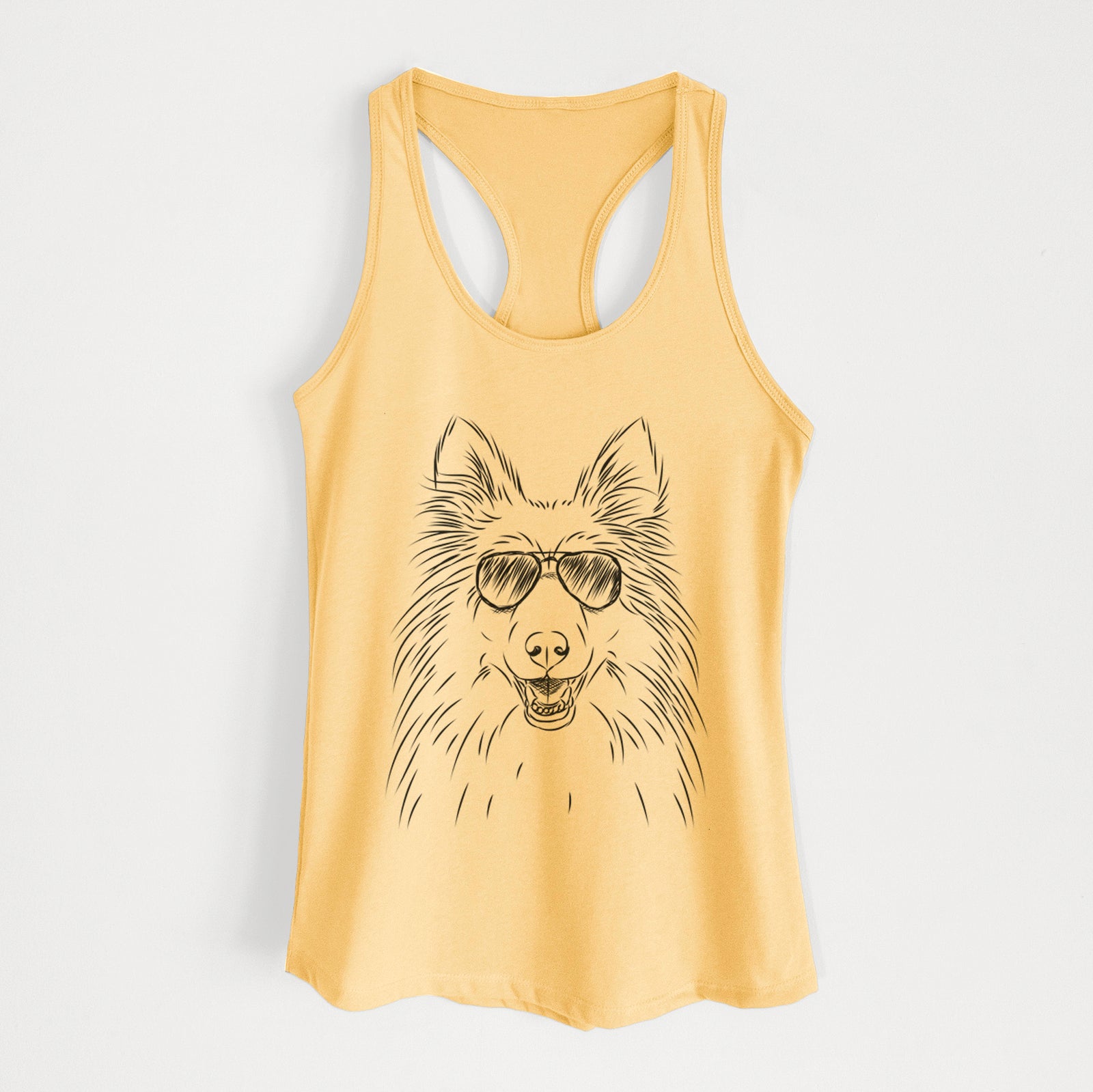 Hand-drawn sketch of Sheldon the Shetland Sheepdog wearing aviator sunglasses on a Banana Cream Women's racerback tanktop