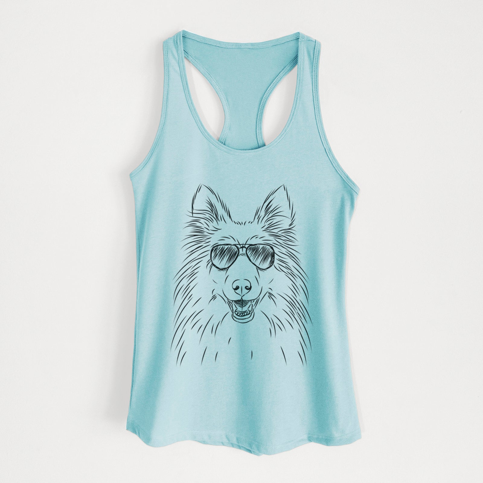 Hand-drawn sketch of Sheldon the Shetland Sheepdog wearing aviator sunglasses on a Cancun Blue Women's racerback tanktop