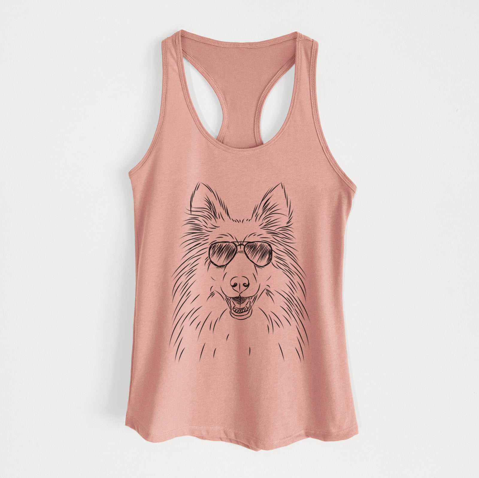 Hand-drawn sketch of Sheldon the Shetland Sheepdog wearing aviator sunglasses on a Desert Pink Women's racerback tanktop