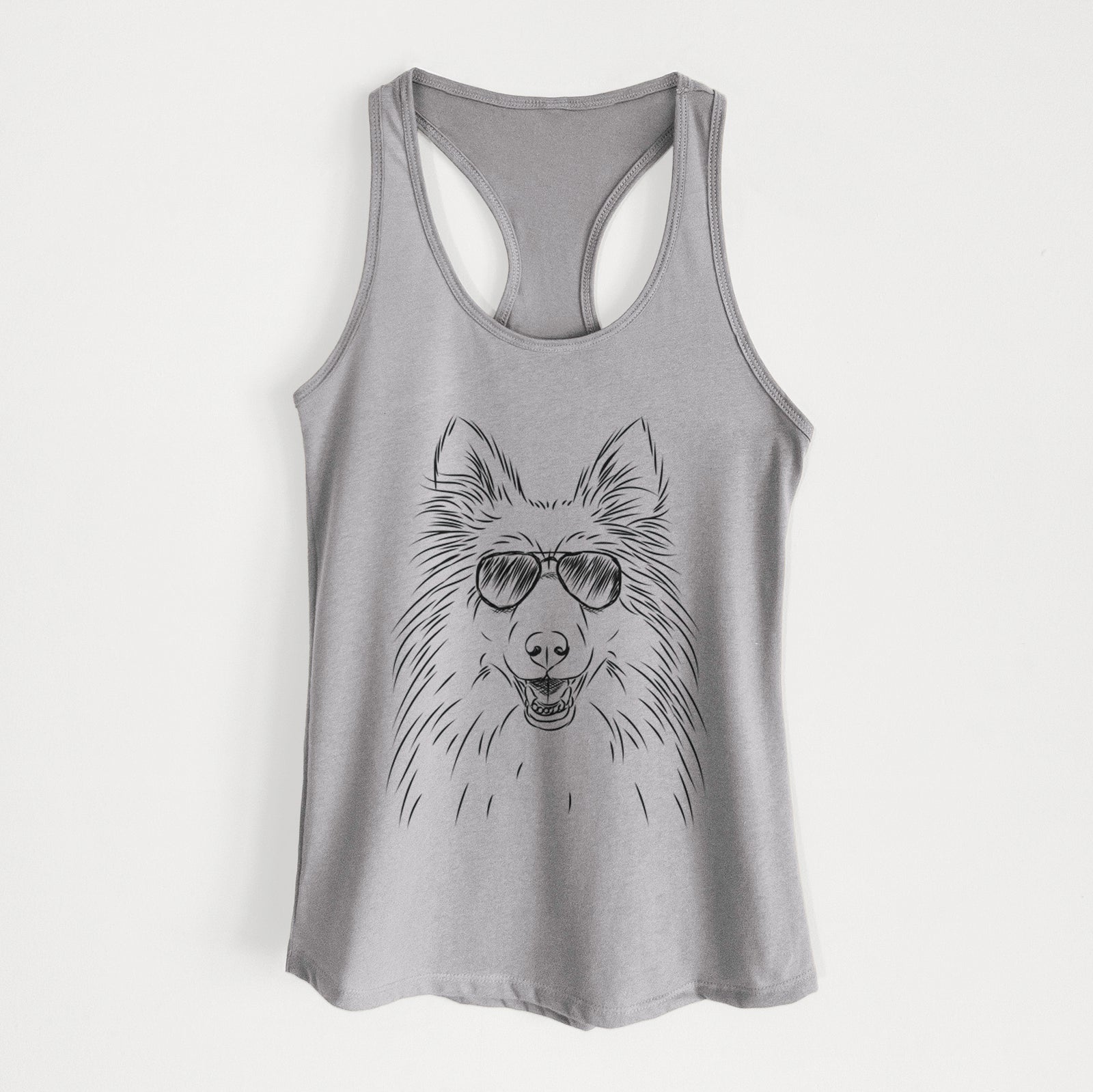 Hand-drawn sketch of Sheldon the Shetland Sheepdog wearing aviator sunglasses on a Heather Grey Women's racerback tanktop