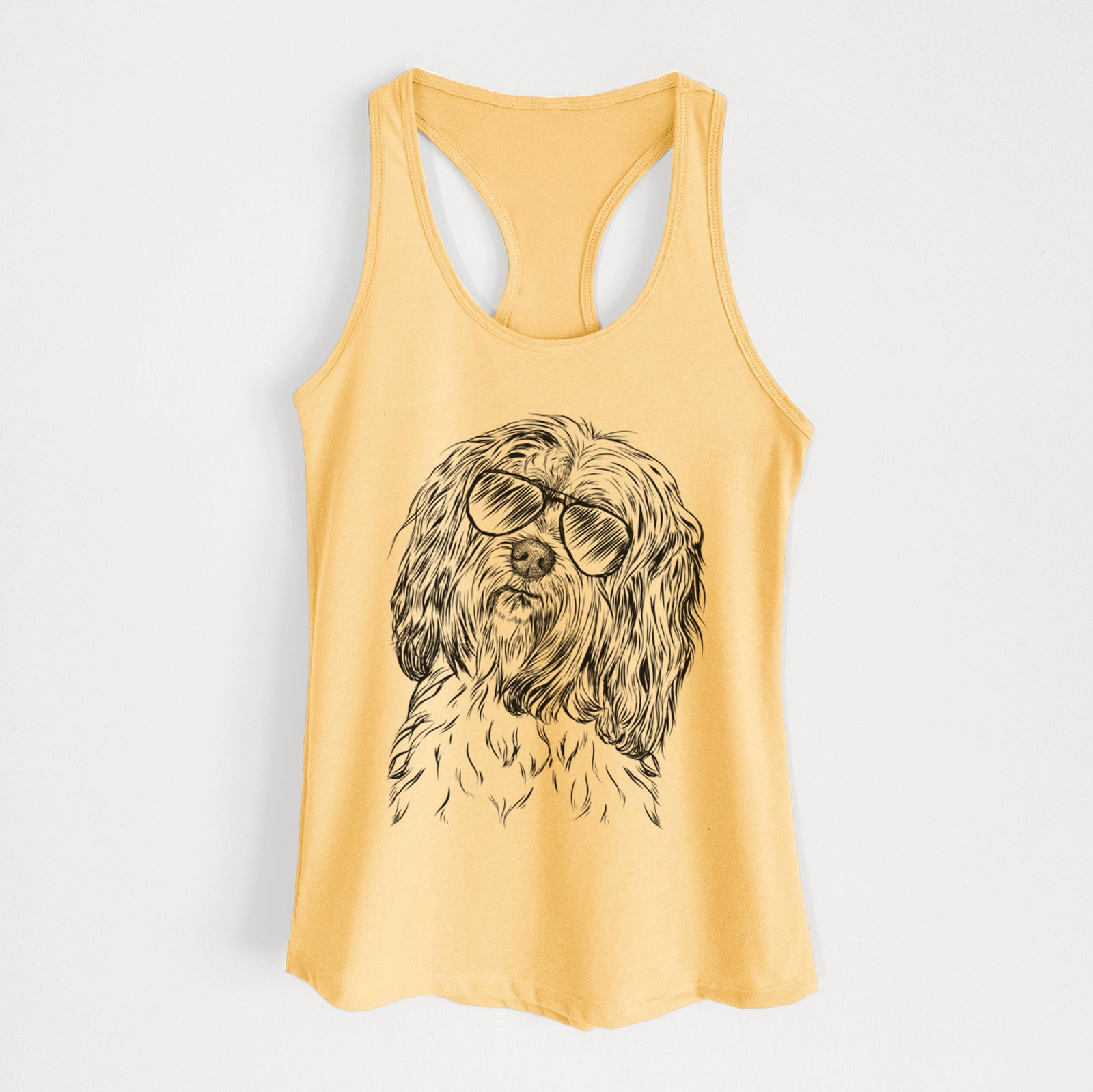 Hand-drawn sketch of Shenpa the Tibetan Terrier wearing aviator sunglasses on a Banana Cream Women's racerback tanktop
