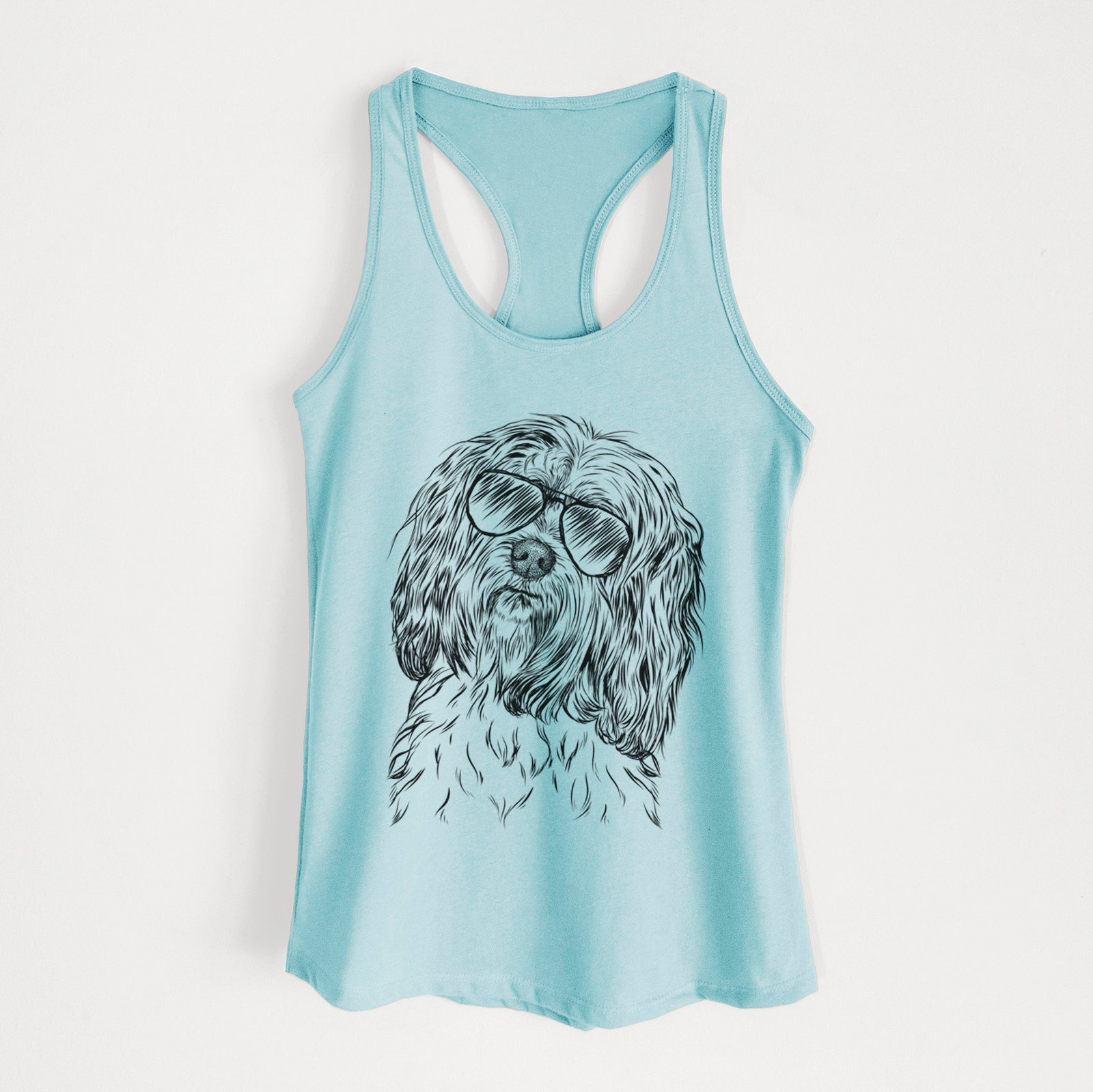 Hand-drawn sketch of Shenpa the Tibetan Terrier wearing aviator sunglasses on a Cancun Blue Women's racerback tanktop
