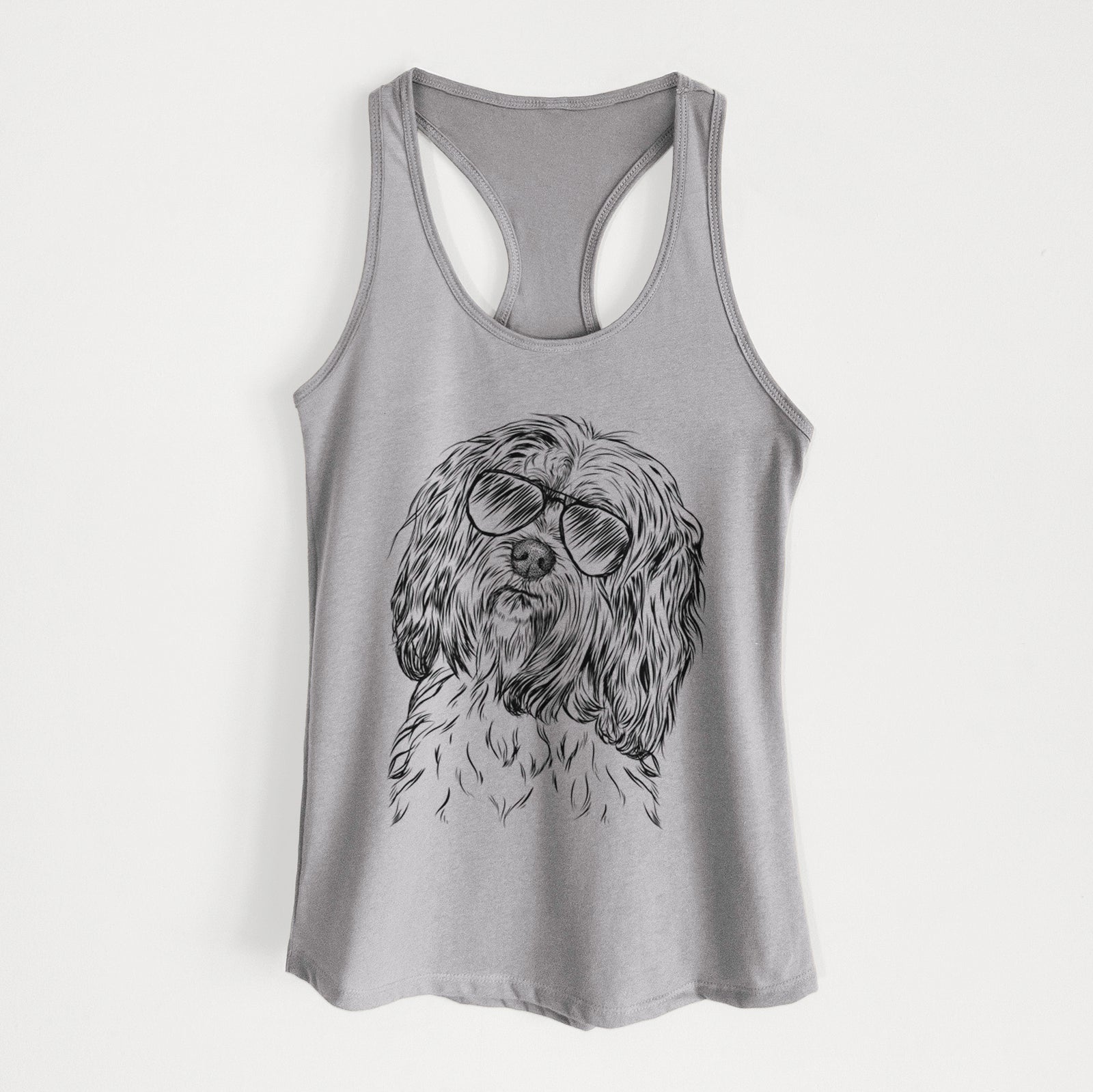 Hand-drawn sketch of Shenpa the Tibetan Terrier wearing aviator sunglasses on a Heather Grey Women's racerback tanktop