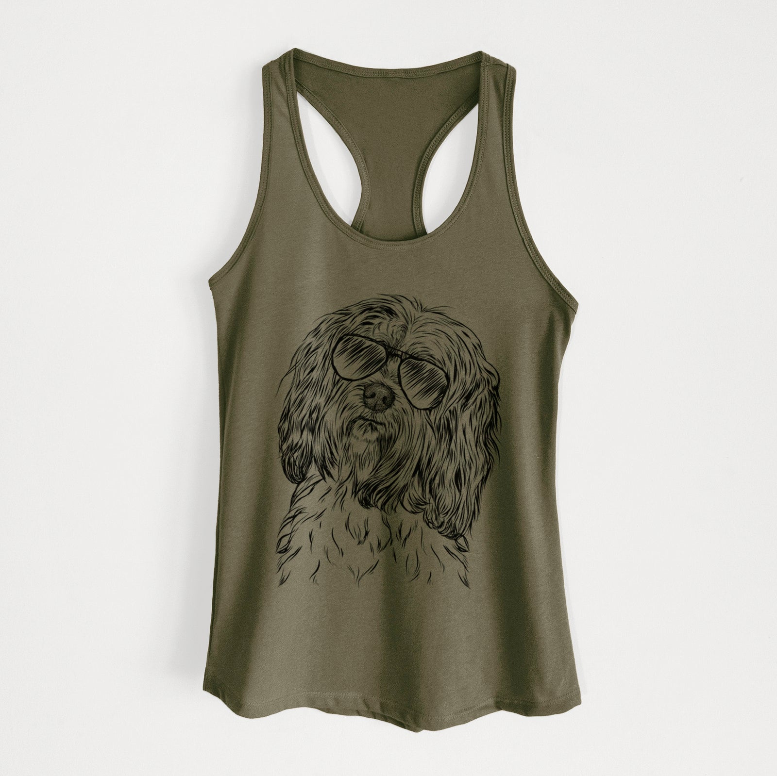 Hand-drawn sketch of Shenpa the Tibetan Terrier wearing aviator sunglasses on a Military Green Women's racerback tanktop