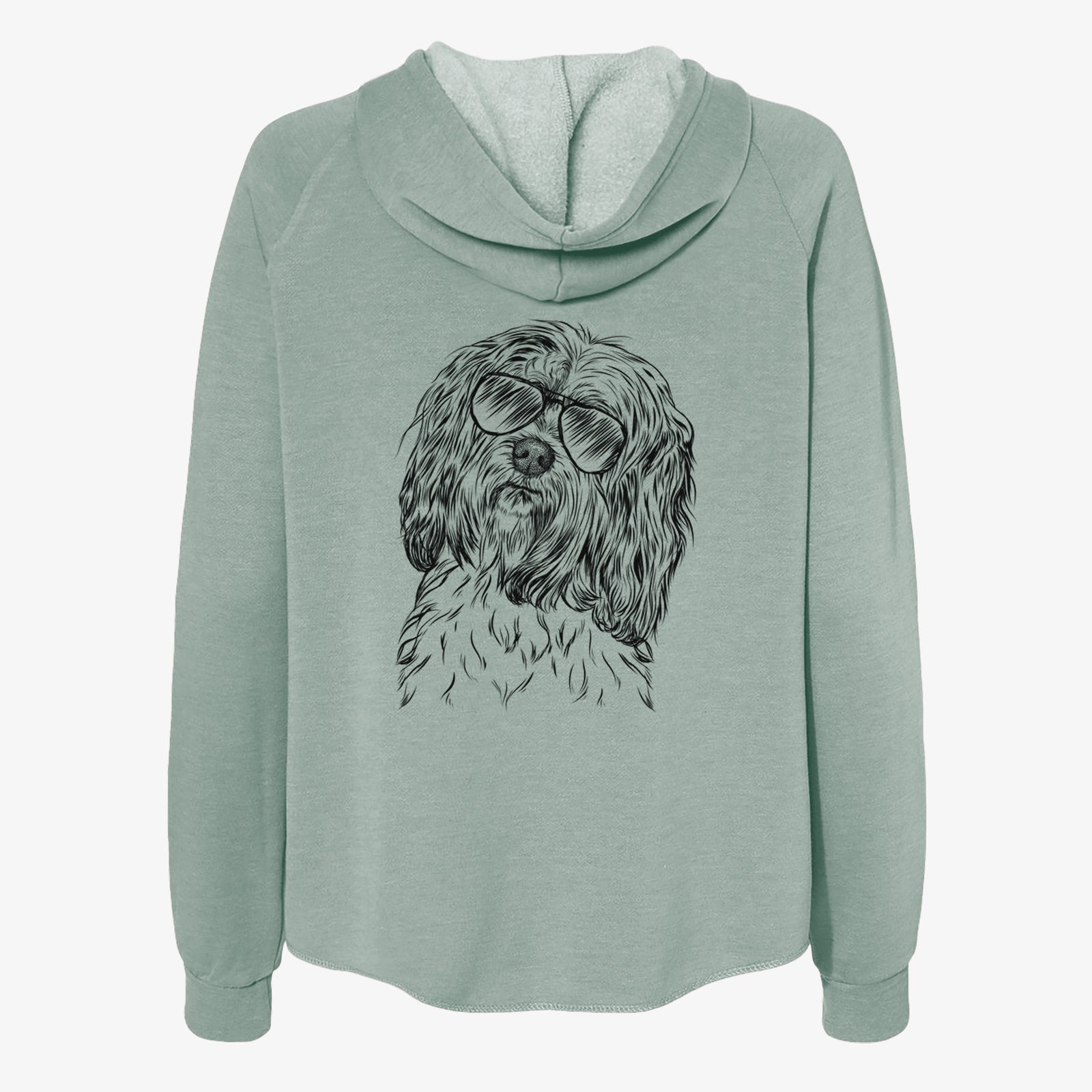 Hand-drawn sketch of Shenpa the Tibetan Terrier wearing aviator sunglasses on a Sage Women's cali wave zip-up sweatshirt