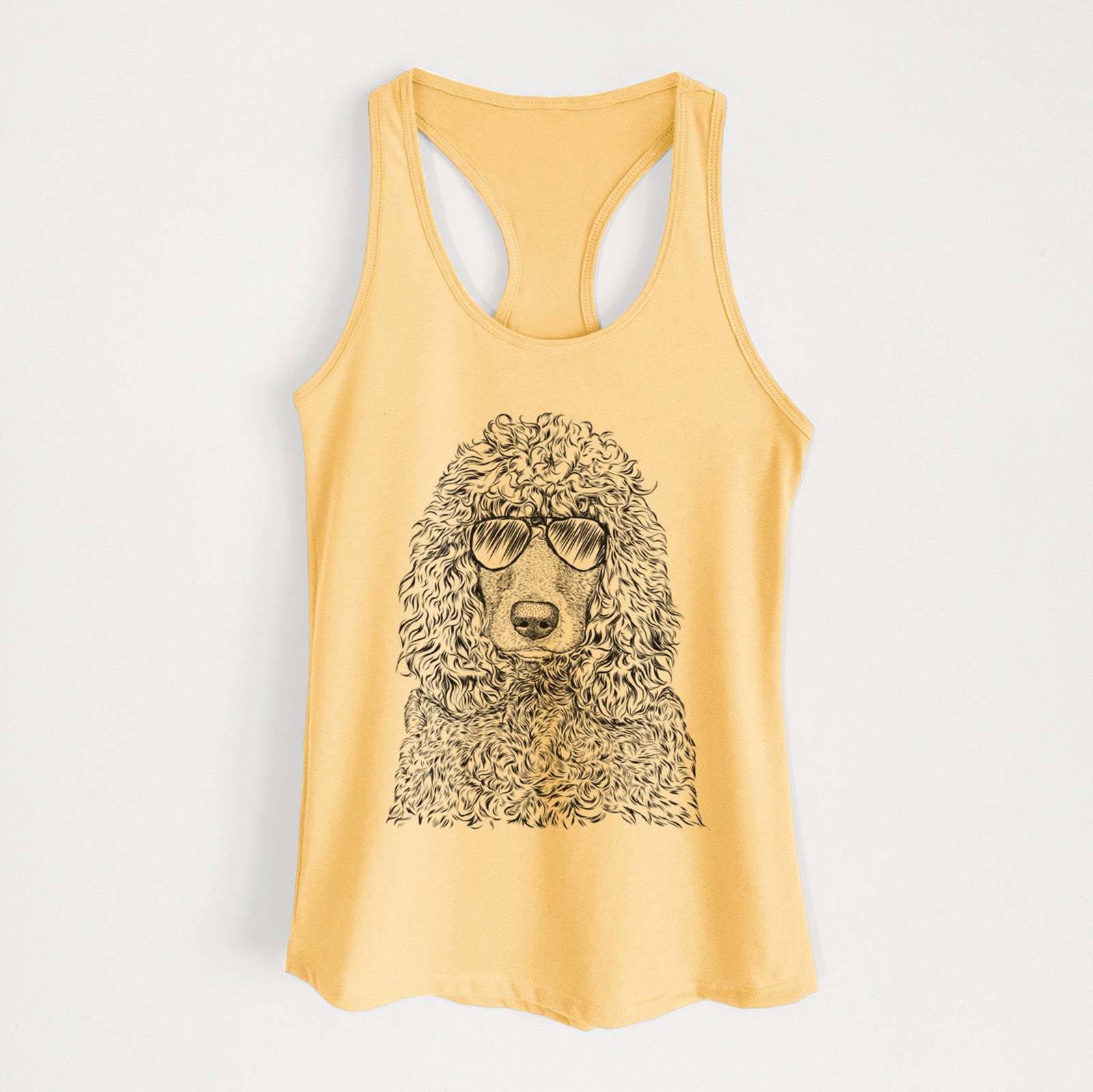 Hand-drawn sketch of Shilo the Irish Water Spaniel wearing aviator sunglasses on a Banana Cream Women's racerback tanktop