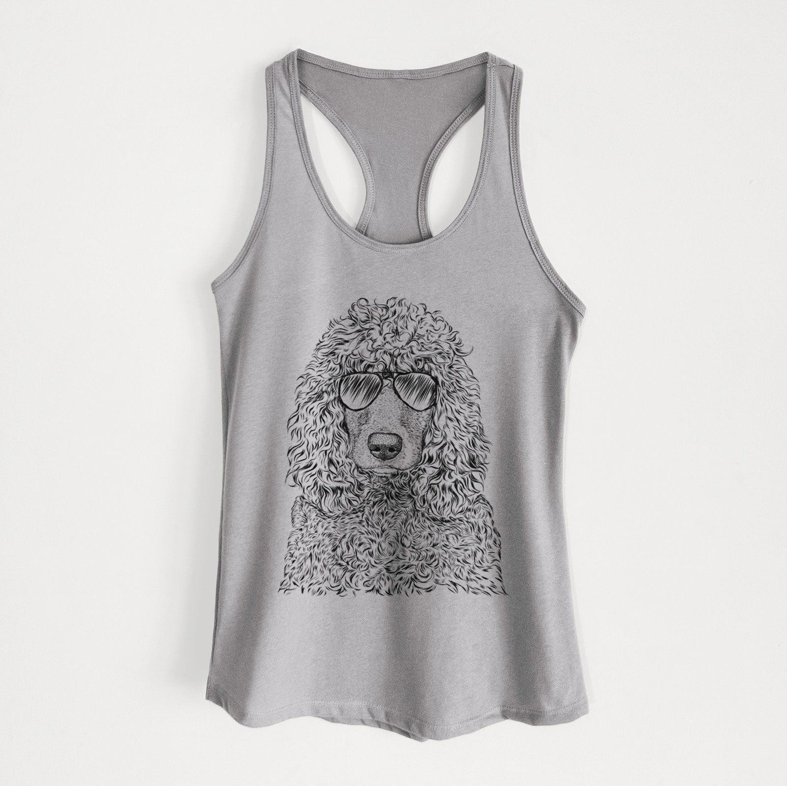 Hand-drawn sketch of Shilo the Irish Water Spaniel wearing aviator sunglasses on a Heather Grey Women's racerback tanktop