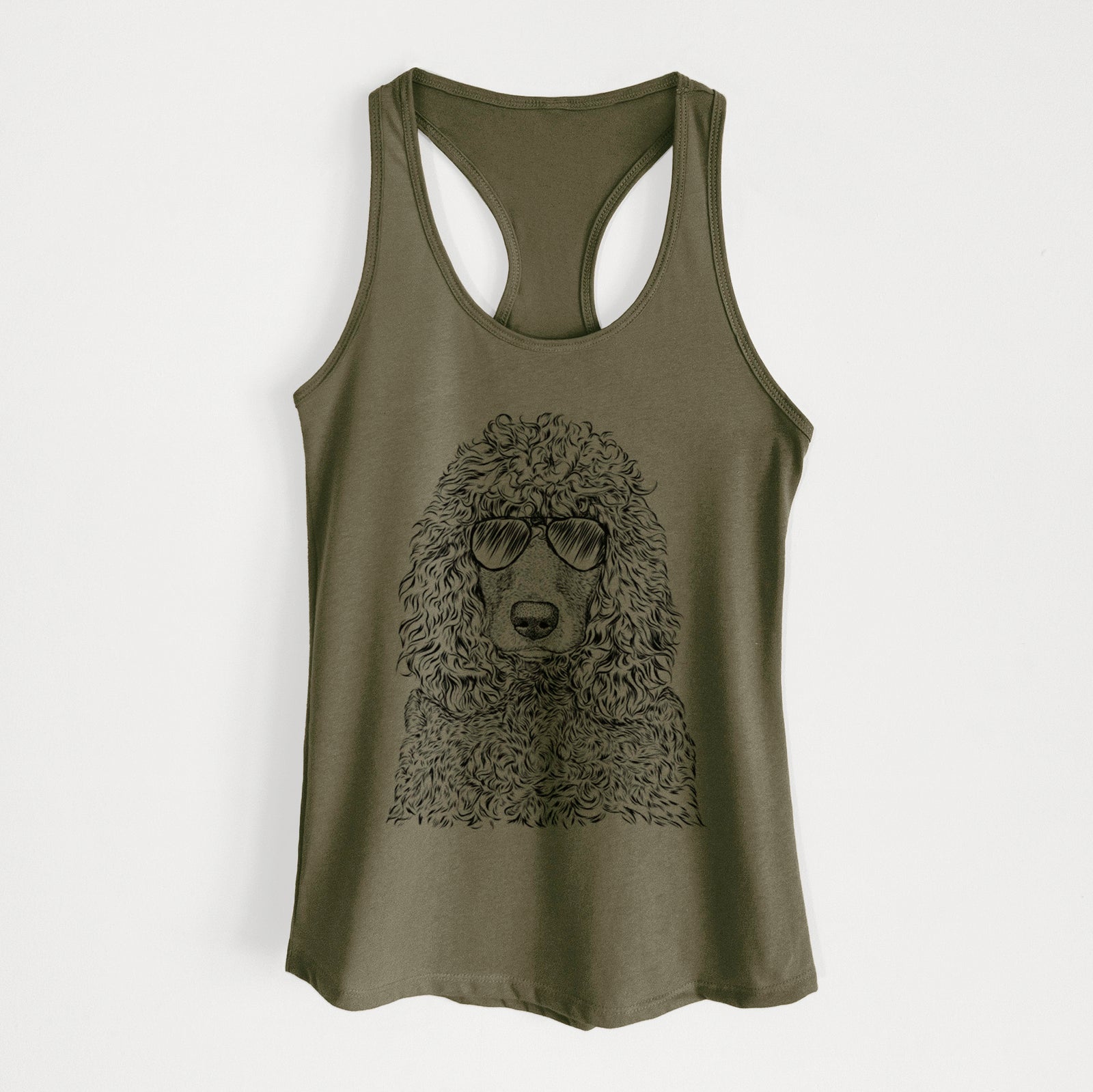 Hand-drawn sketch of Shilo the Irish Water Spaniel wearing aviator sunglasses on a Military Green Women's racerback tanktop