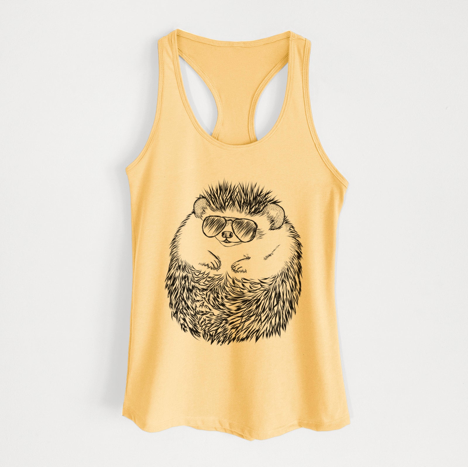 Hand-drawn sketch of Sid the Hedgehog wearing aviator sunglasses on a Banana Cream Women's racerback tanktop