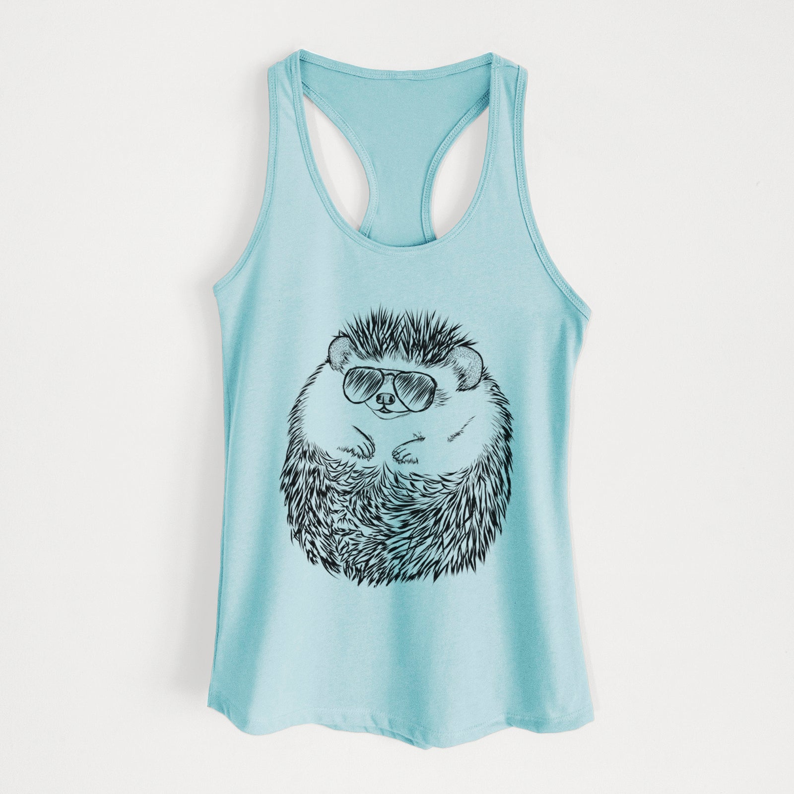 Hand-drawn sketch of Sid the Hedgehog wearing aviator sunglasses on a Cancun Blue Women's racerback tanktop