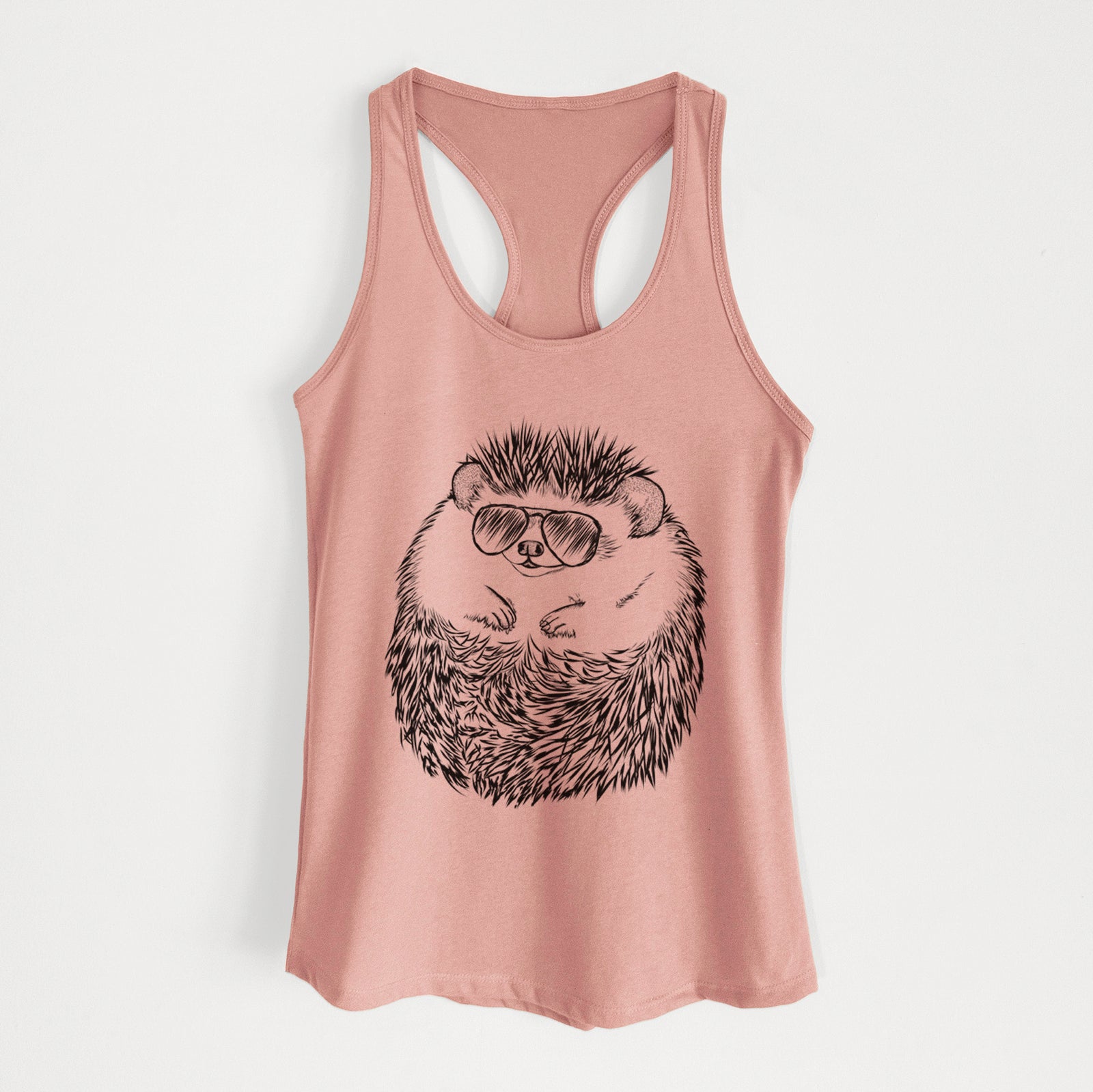 Hand-drawn sketch of Sid the Hedgehog wearing aviator sunglasses on a Desert Pink Women's racerback tanktop
