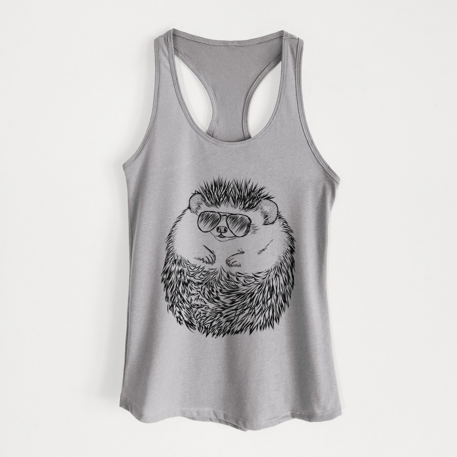 Hand-drawn sketch of Sid the Hedgehog wearing aviator sunglasses on a Heather Grey Women's racerback tanktop