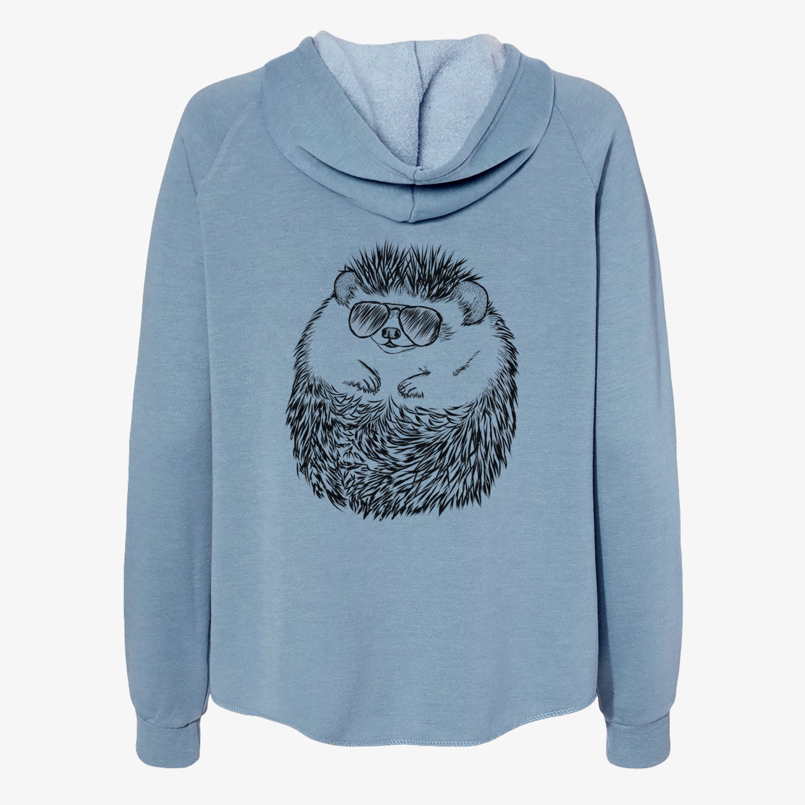 Hand-drawn sketch of Sid the Hedgehog wearing aviator sunglasses on a Misty Blue Women's cali wave zip-up sweatshirt