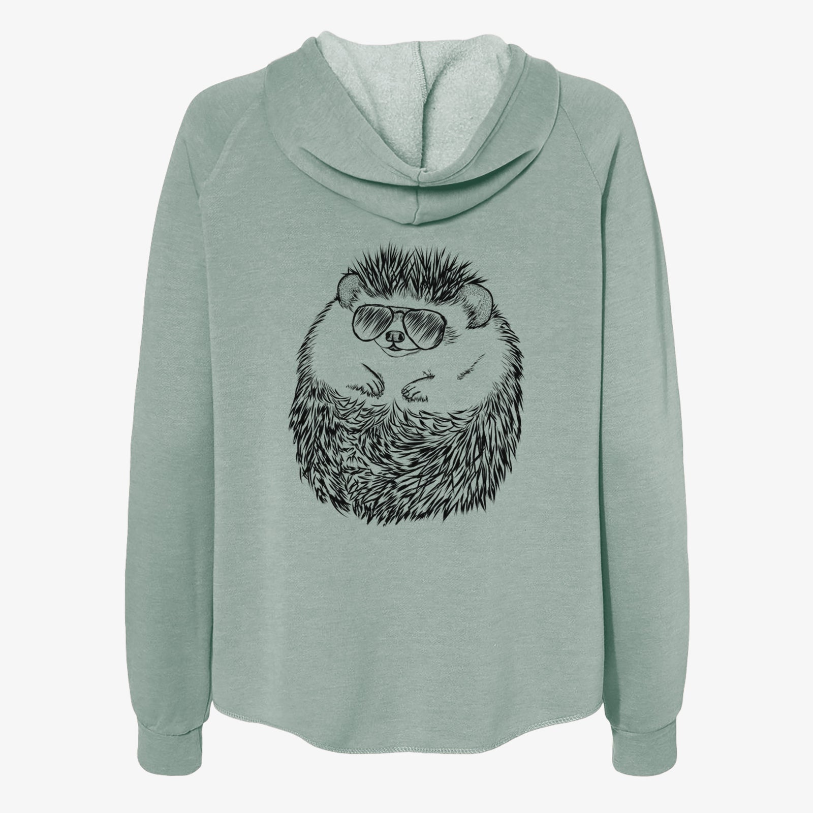 Hand-drawn sketch of Sid the Hedgehog wearing aviator sunglasses on a Sage Women's cali wave zip-up sweatshirt