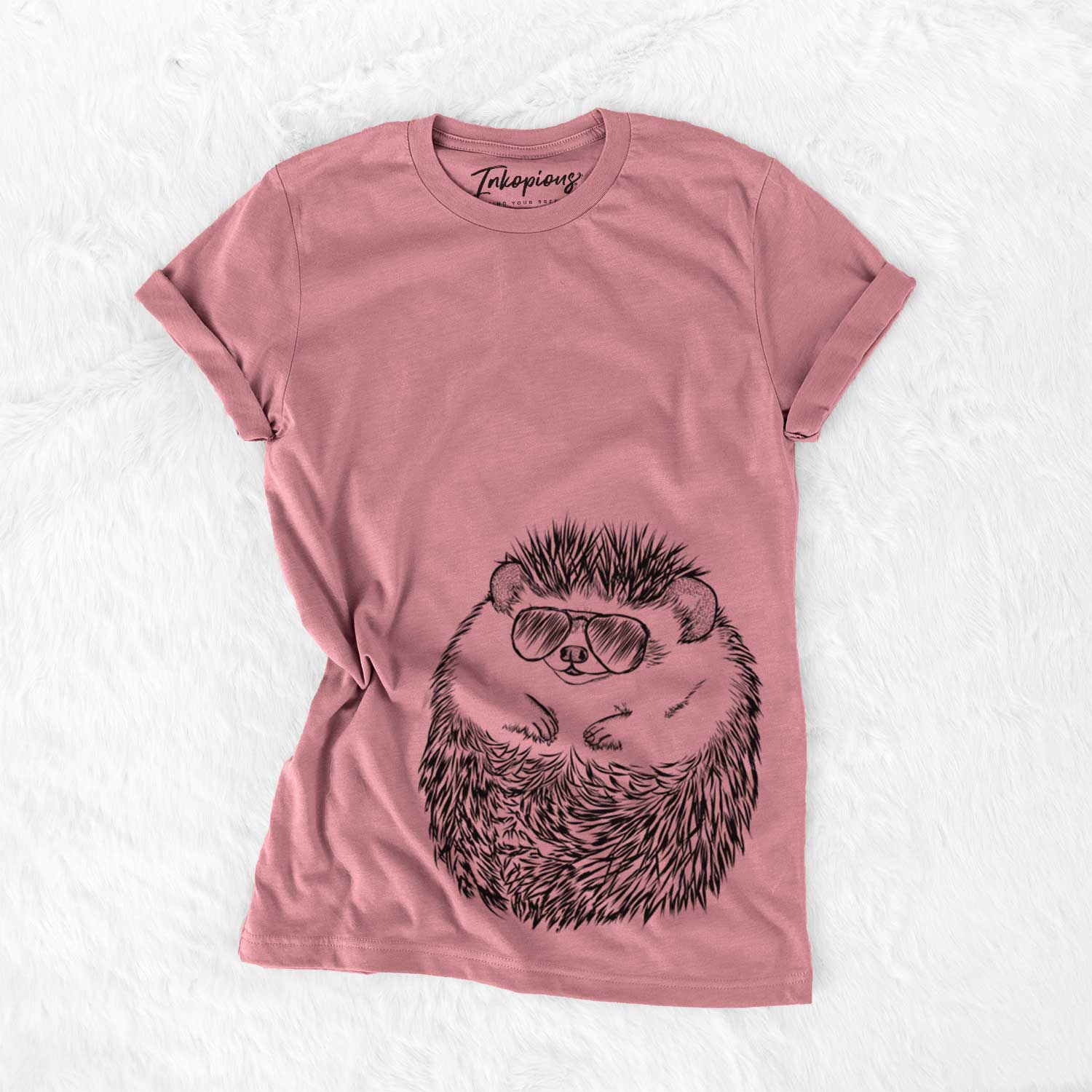 Hand-drawn sketch of Sid the Hedgehog wearing aviator sunglasses on a Mauve Bella Canvas Unisex Crewneck
