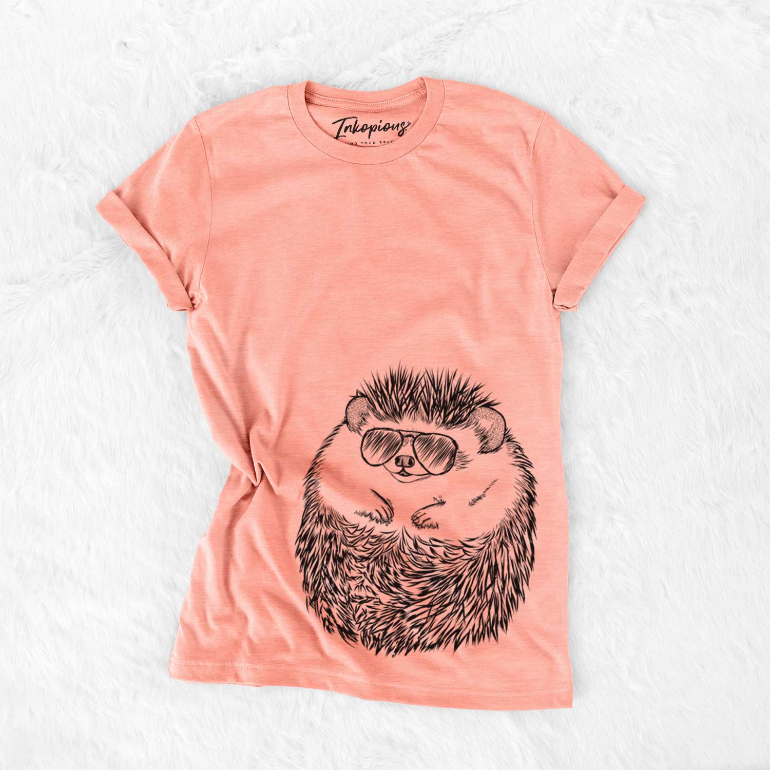 Hand-drawn sketch of Sid the Hedgehog wearing aviator sunglasses on a Sunset Bella Canvas Unisex Crewneck