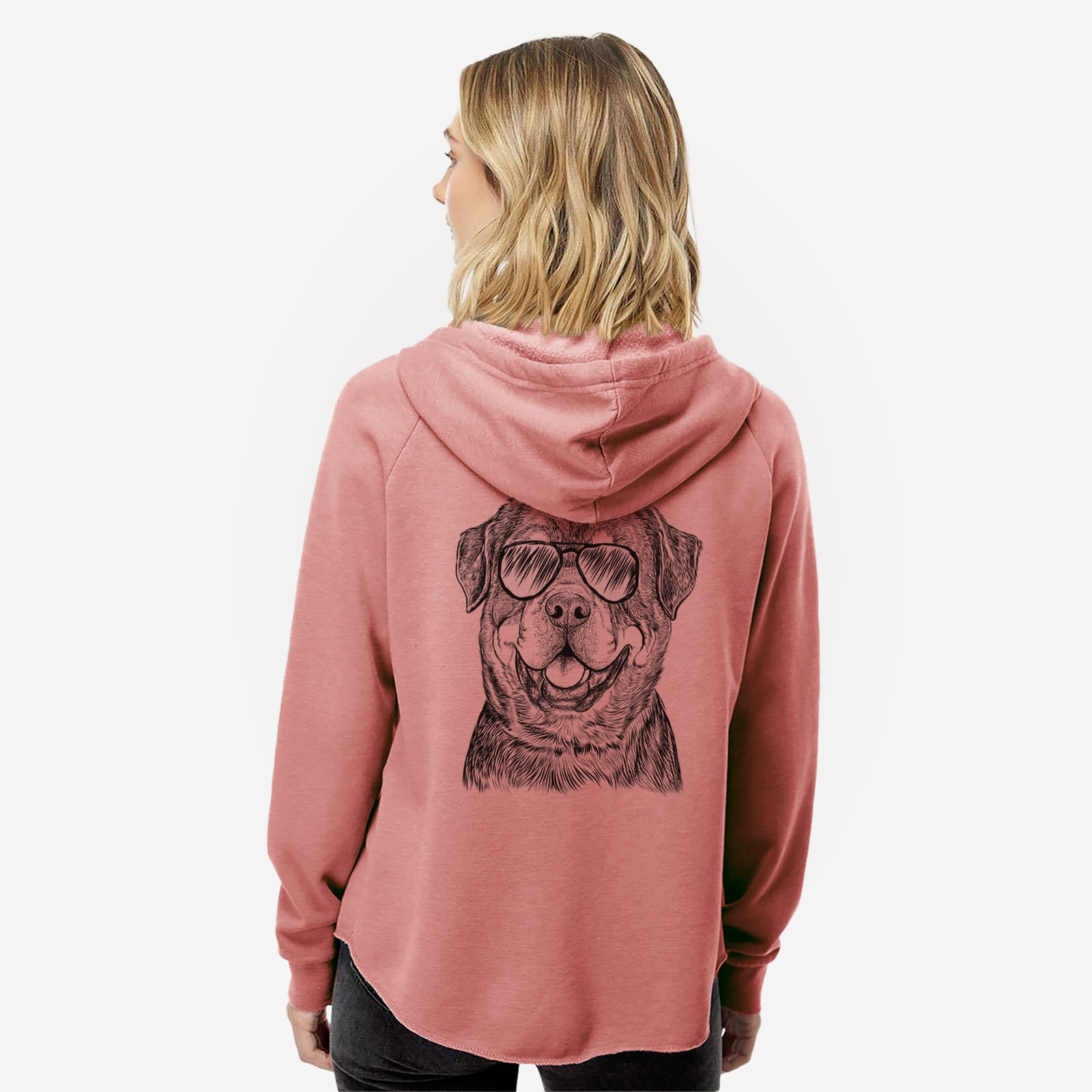 Hand-drawn sketch of Sig the Rottweiler wearing aviator sunglasses on a Dusty Rose Women's cali wave zip-up sweatshirt