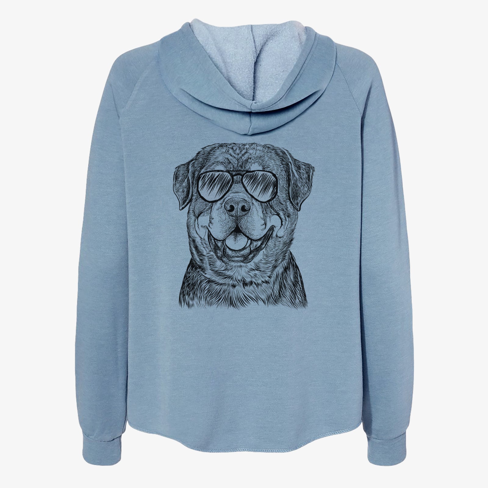 Hand-drawn sketch of Sig the Rottweiler wearing aviator sunglasses on a Misty Blue Women's cali wave zip-up sweatshirt