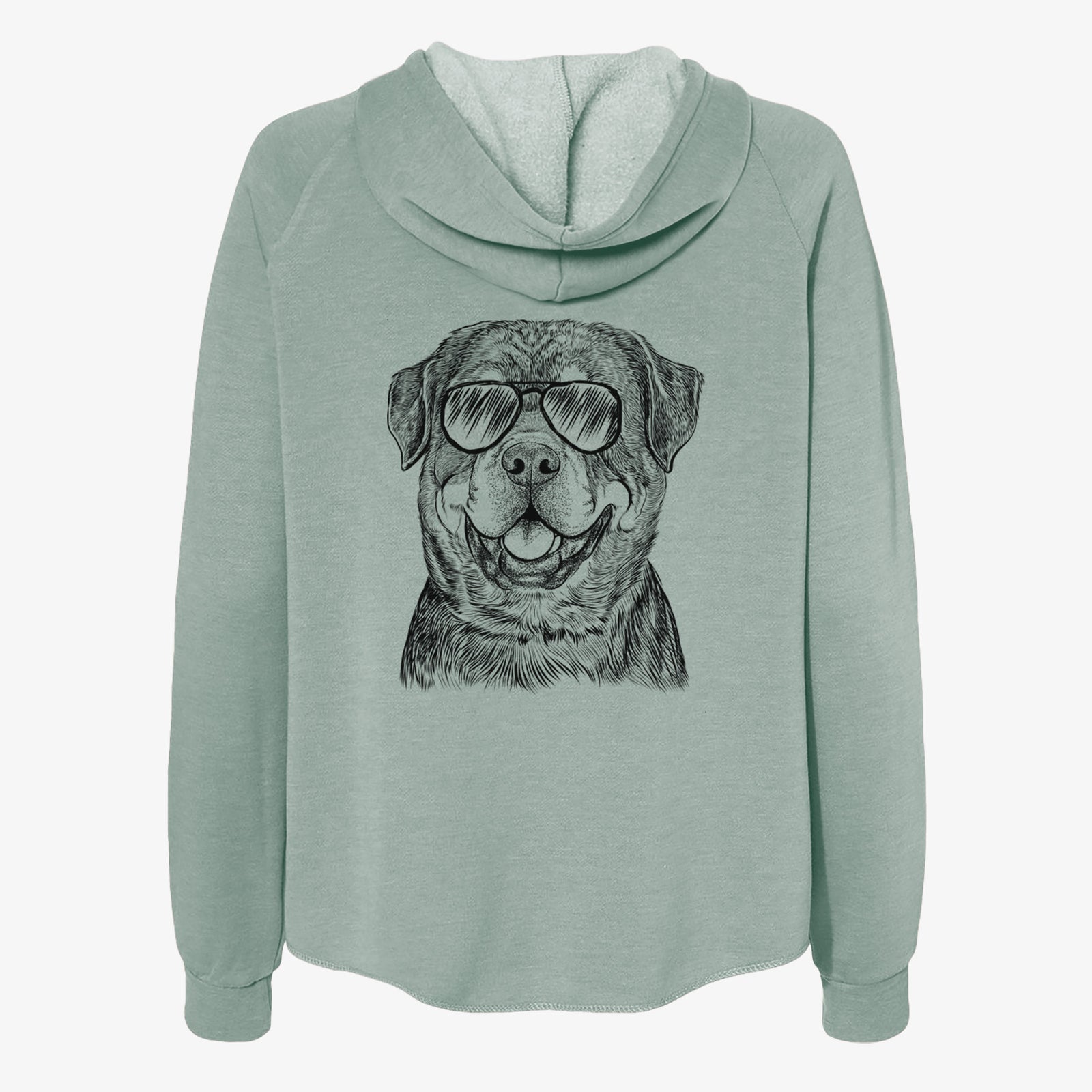 Hand-drawn sketch of Sig the Rottweiler wearing aviator sunglasses on a Sage Women's cali wave zip-up sweatshirt