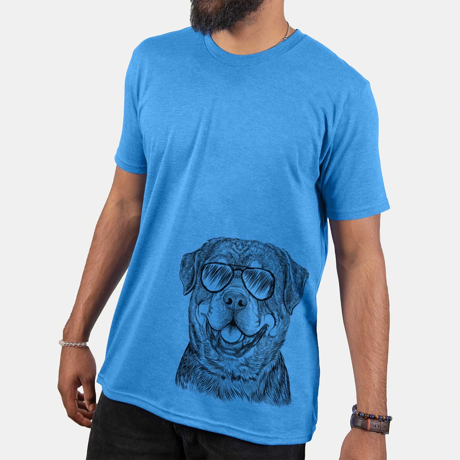Hand-drawn sketch of Sig the Rottweiler wearing aviator sunglasses on a Blue Unisex crewneck