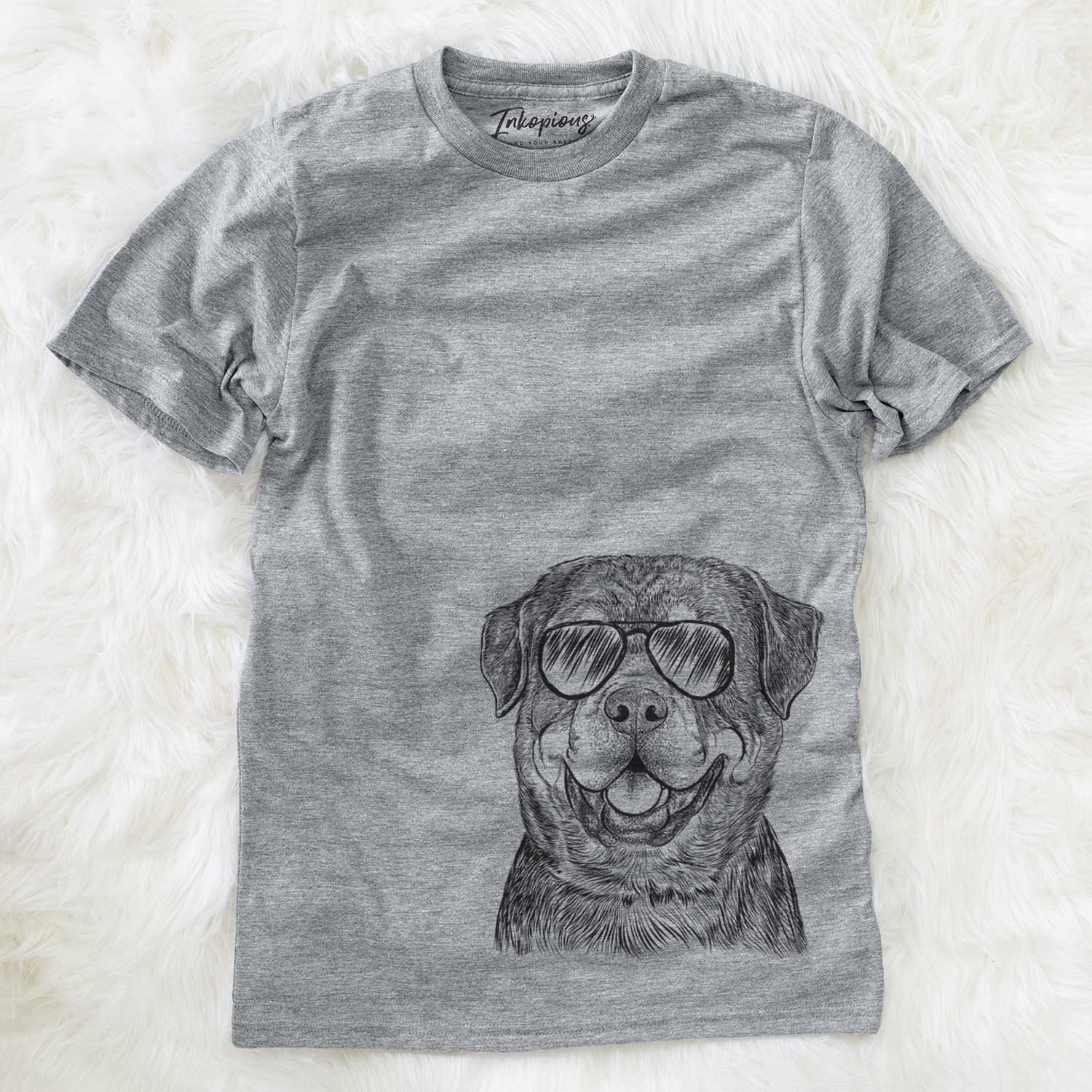 Hand-drawn sketch of Sig the Rottweiler wearing aviator sunglasses on a Grey Unisex crewneck