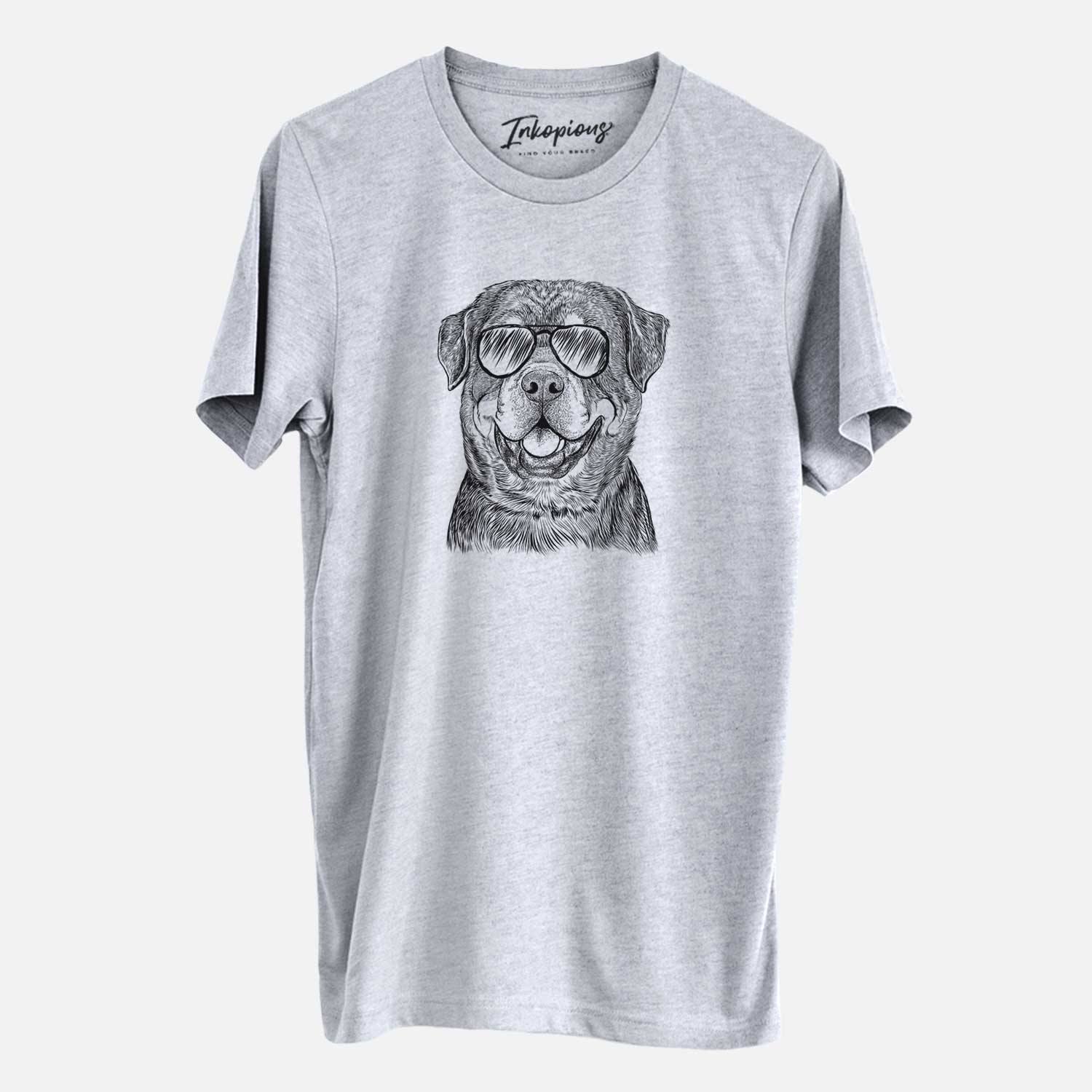 Hand-drawn sketch of Sig the Rottweiler wearing aviator sunglasses on a Grey Unisex crewneck