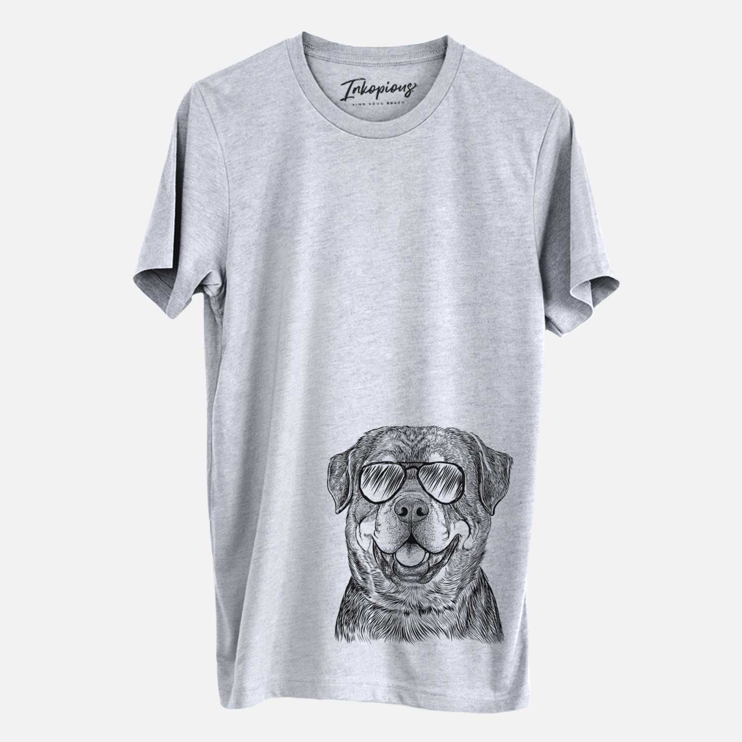 Hand-drawn sketch of Sig the Rottweiler wearing aviator sunglasses on a Grey Unisex crewneck