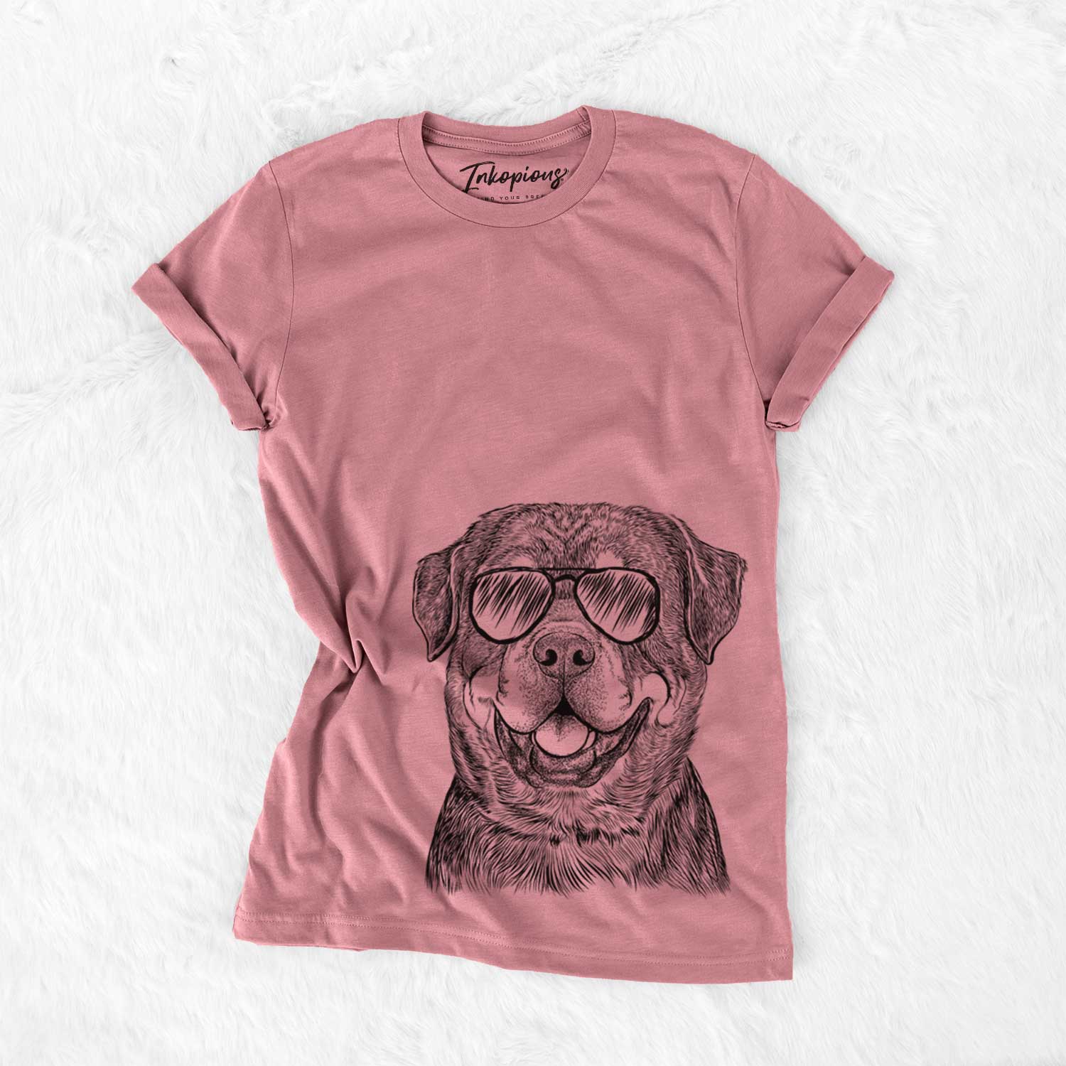 Hand-drawn sketch of Sig the Rottweiler wearing aviator sunglasses on a Mauve Unisex crewneck