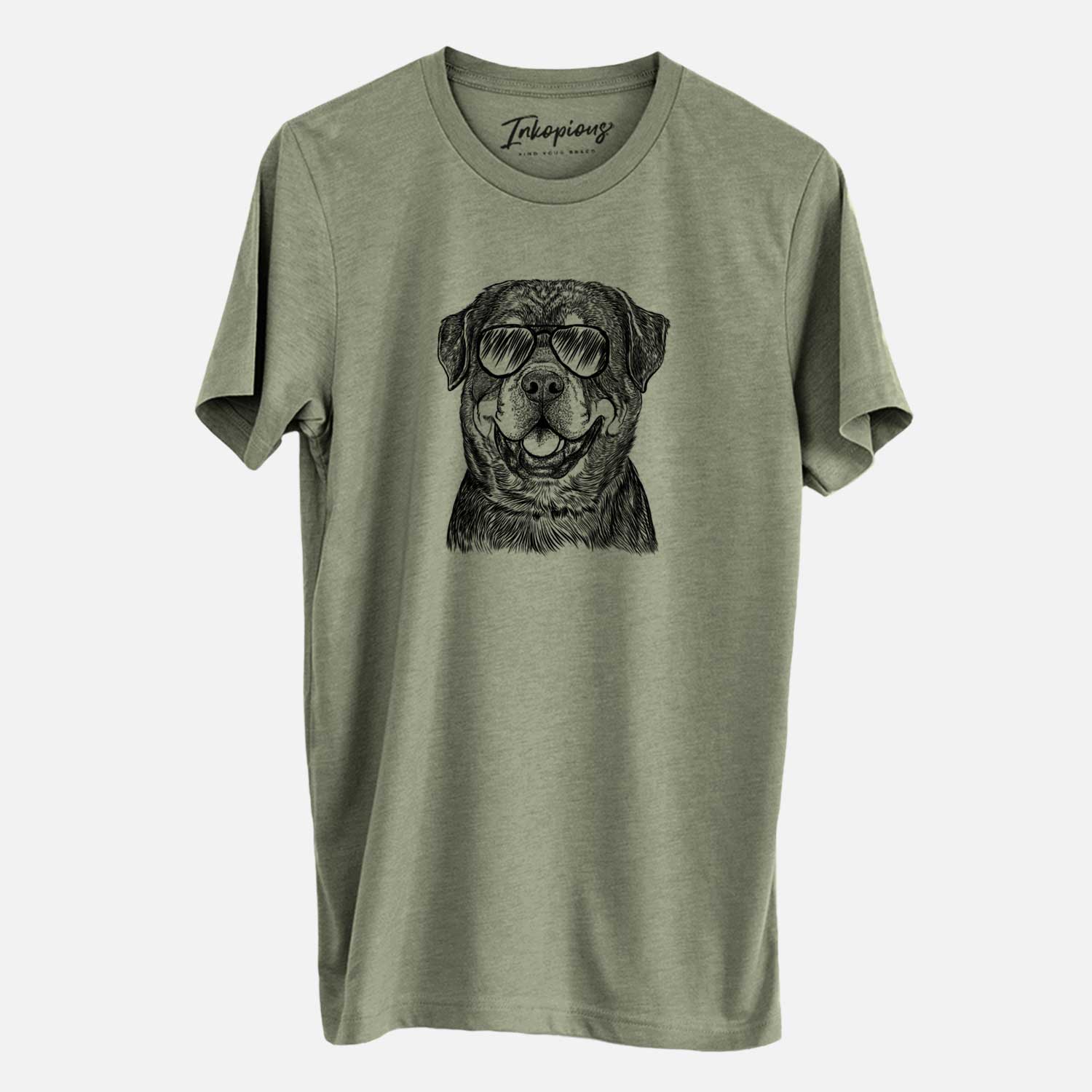 Hand-drawn sketch of Sig the Rottweiler wearing aviator sunglasses on an Olive Unisex crewneck