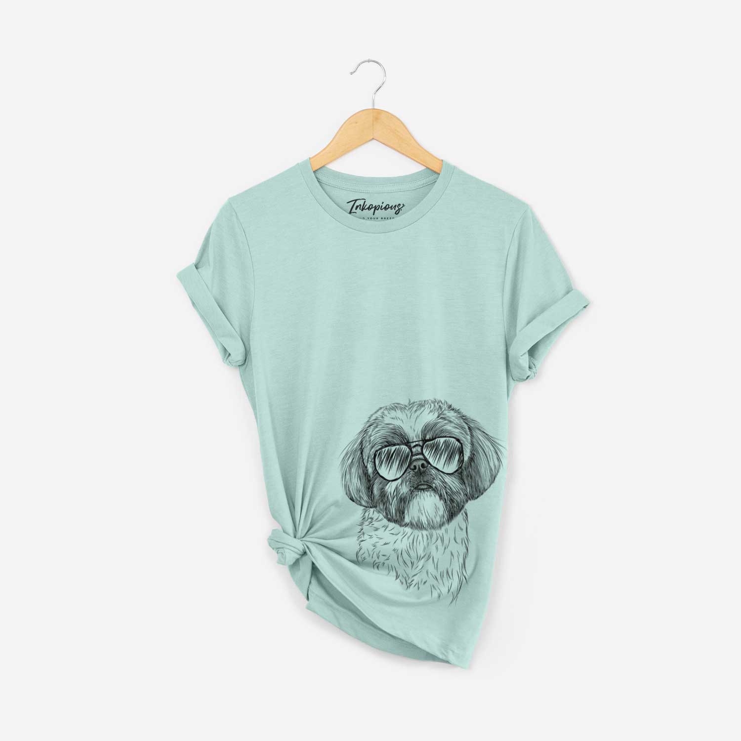 Hand-drawn sketch of Simon the Shih Tzu wearing aviator sunglasses on a Heather Sage Bella Canvas Unisex Crewneck