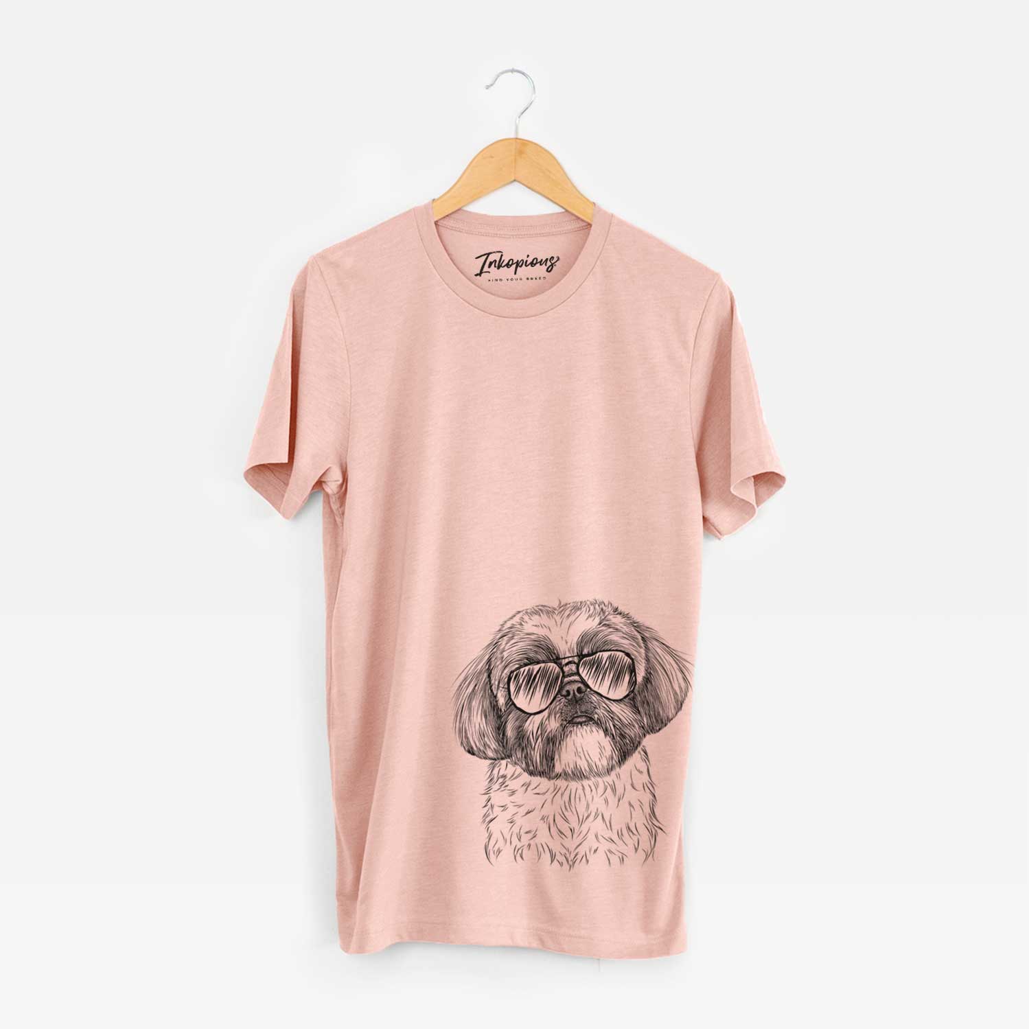Hand-drawn sketch of Simon the Shih Tzu wearing aviator sunglasses on a Peach Bella Canvas Unisex Crewneck